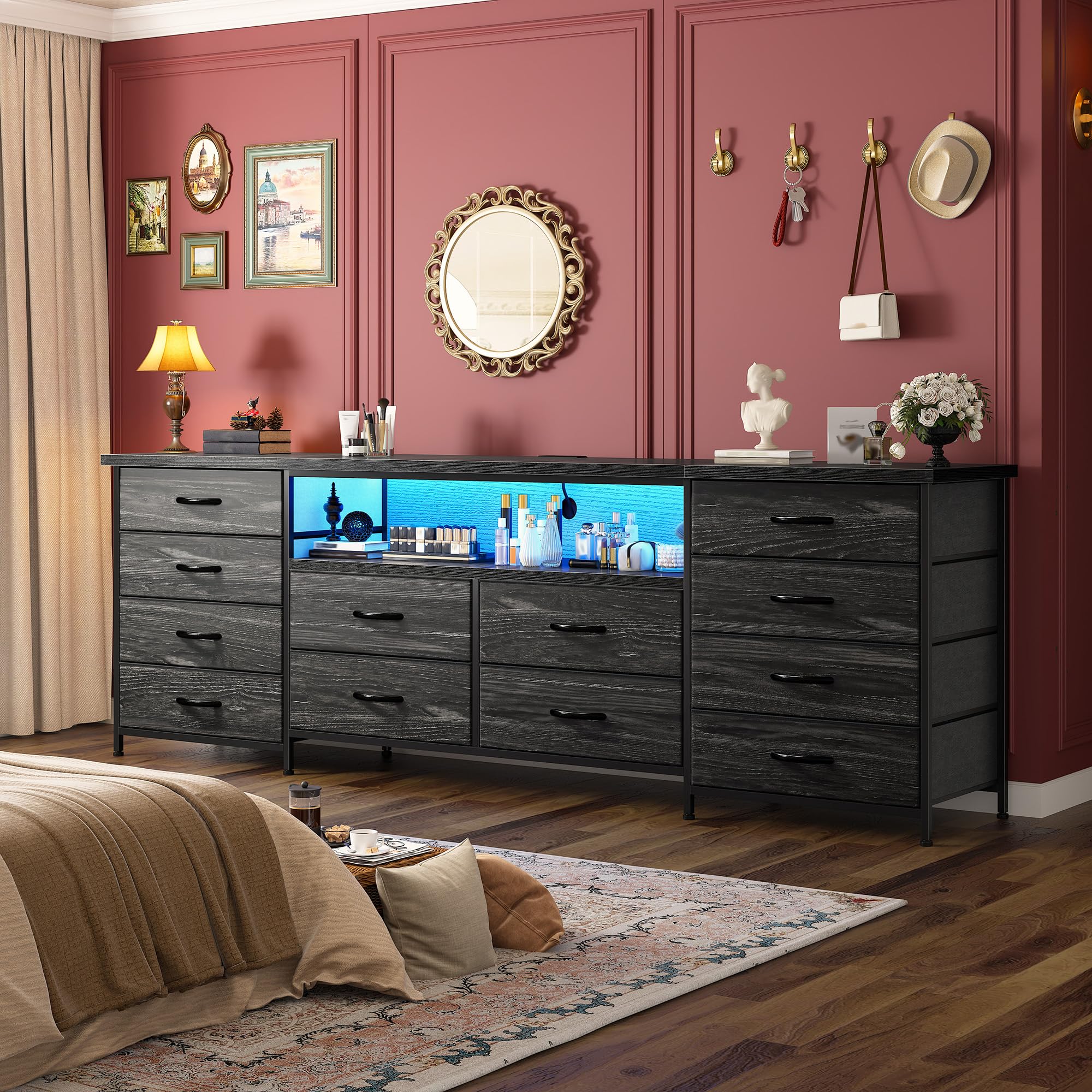 Amazon.com: Romorgniz 63" W Dresser for Bedroom with 12 Fabric Drawers,LED  TV Stand with Power Outlets for 65,70 Inch TV,Sturdy Entertainment Center  Long Chest of Drawers with Extra Wood Shelf,Grain Black :