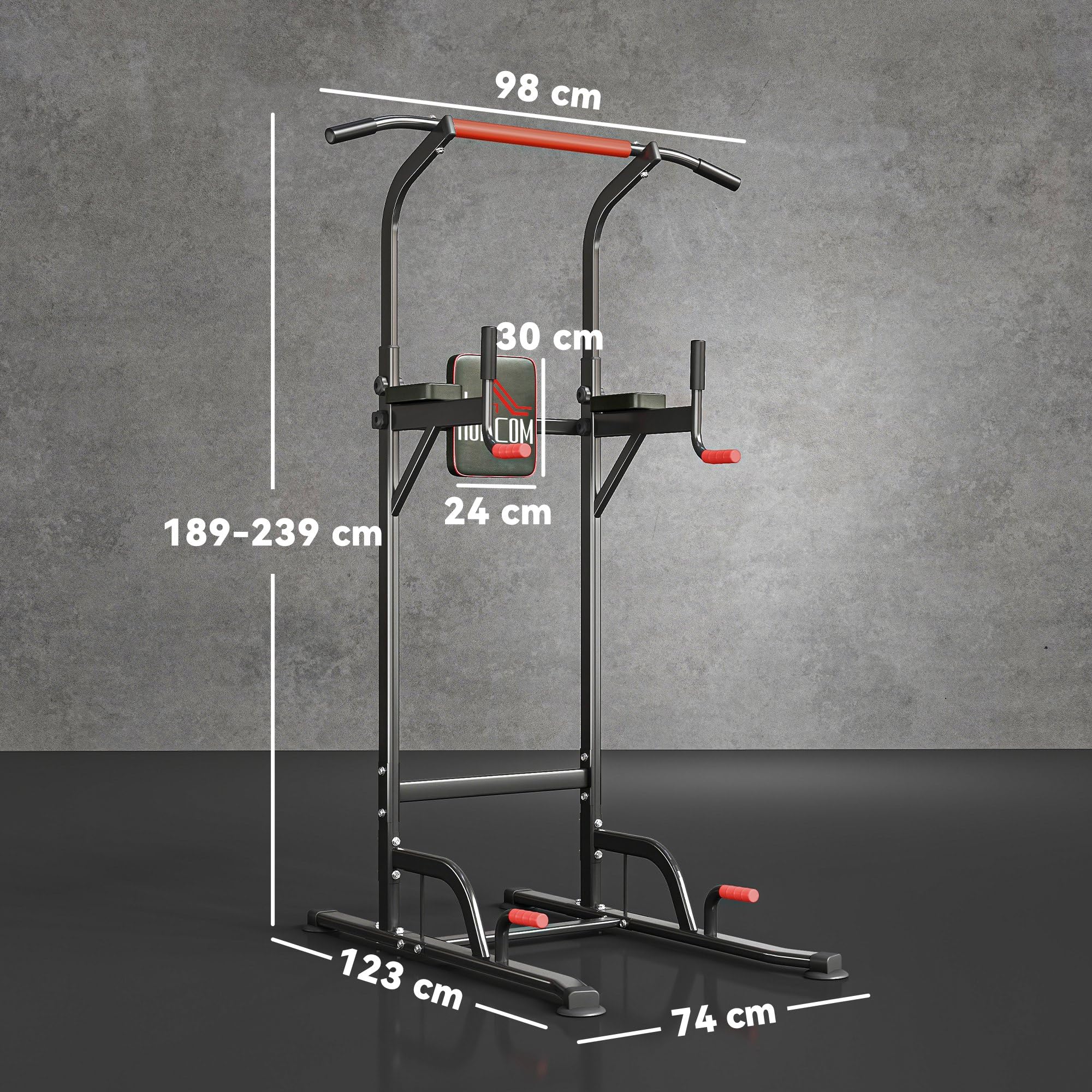HOMCOM Barra per Trazioni Power Tower Stazione Fitness Multifunzione Regolabile 189-239cm in Acciaio Nero Rosso