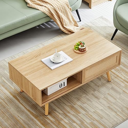 Miniatura 10 de Mesa de centro de madera moderna de mediados de siglo con soporte de ratán de polietileno, mesa de café rectangular de madera maciza de 47 pulgadas,