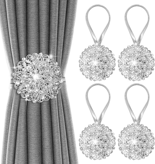 Curtain Tie Backs, Sparkling Floral Decorative Magnetic Curtain TieBacks, No Drilling Curtain Holdbacks, Stainless Spring Wire Drapery Curtain Holder Buckle for Home Office. (Silver 4 Pack)