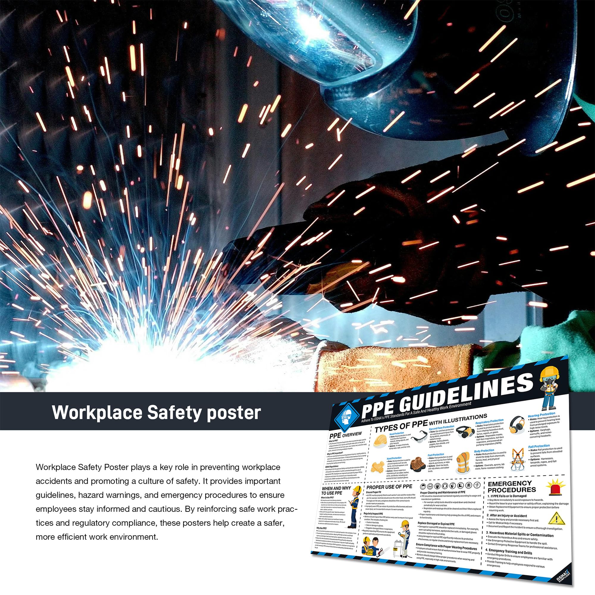 Póster de seguridad PPE de 18 x 24 pulgadas, guía de equipo de protección personal (EPP) compatible con OSHA para lugar de trabajo y construcción, uso de equipo de protección, señal de seguridad para