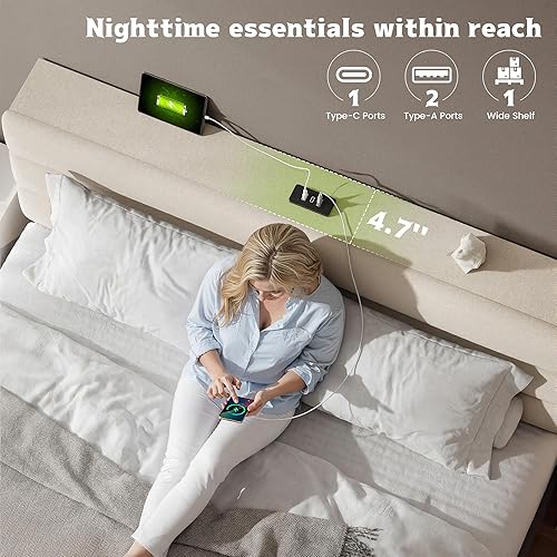 Miniatura 5 de EnHomee Base de cama tamaño Queen, base de cama Queen tapizada con estaciones de carga, cabecera de almacenamiento ajustable, dormitorio,