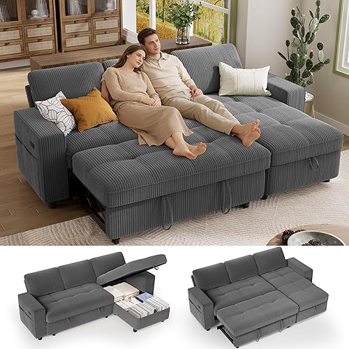 Vipbear Sectional Sleeper Couch with Pull Out Sofa Bed, L Shaped Plush Corduroy Couch with Reclining Backrest & Storage & USB Charging, Convertible Cloud Sectional Sofa Bed for Living Room, Grey | Breathable material, Tool-Free Assembly, Reclining Backrest