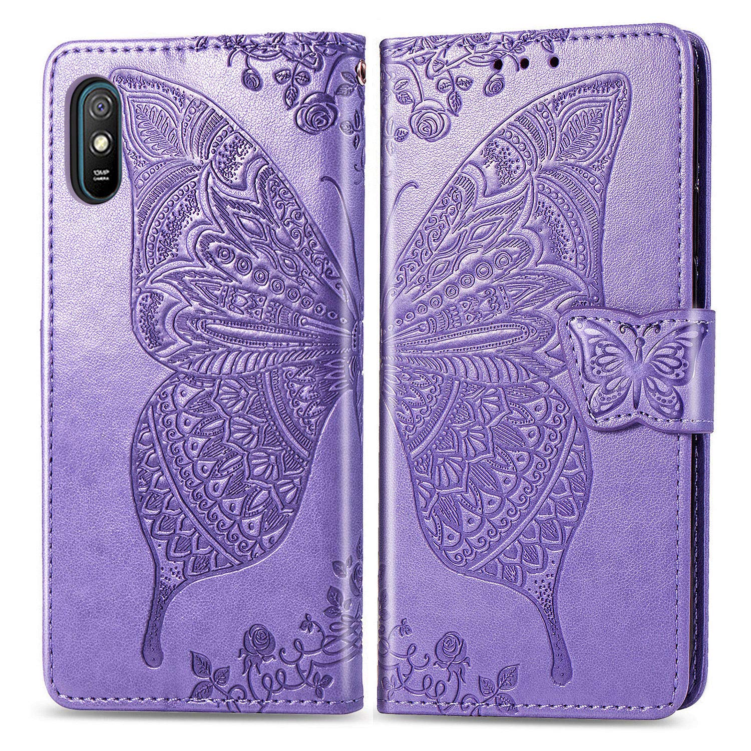 Tivenfezk Nadoli Portafoglio Custodia per Xiaomi Redmi 9A,Cover Goffrato Farfalla Fiore PU Pelle Flip Caso Funzione Stand Slot Cart Chiusura Magnetica