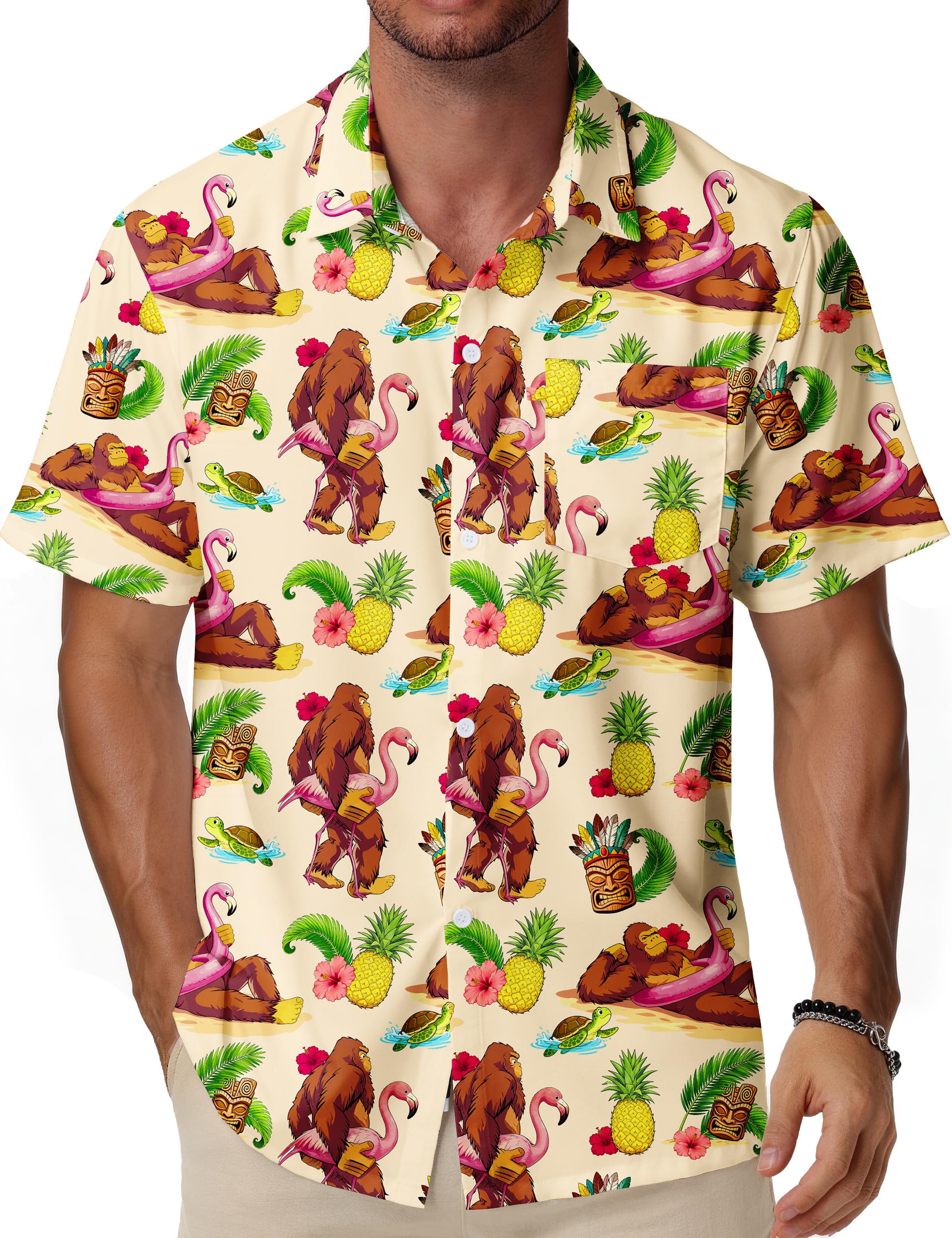 WISMBOX Hawaiihemd Herren Kurzarm mit Brusttasche, Buntes Sommerhemd Regular Fit, Funky Aloha Strandhemd für Urlaub Freizeit & Party