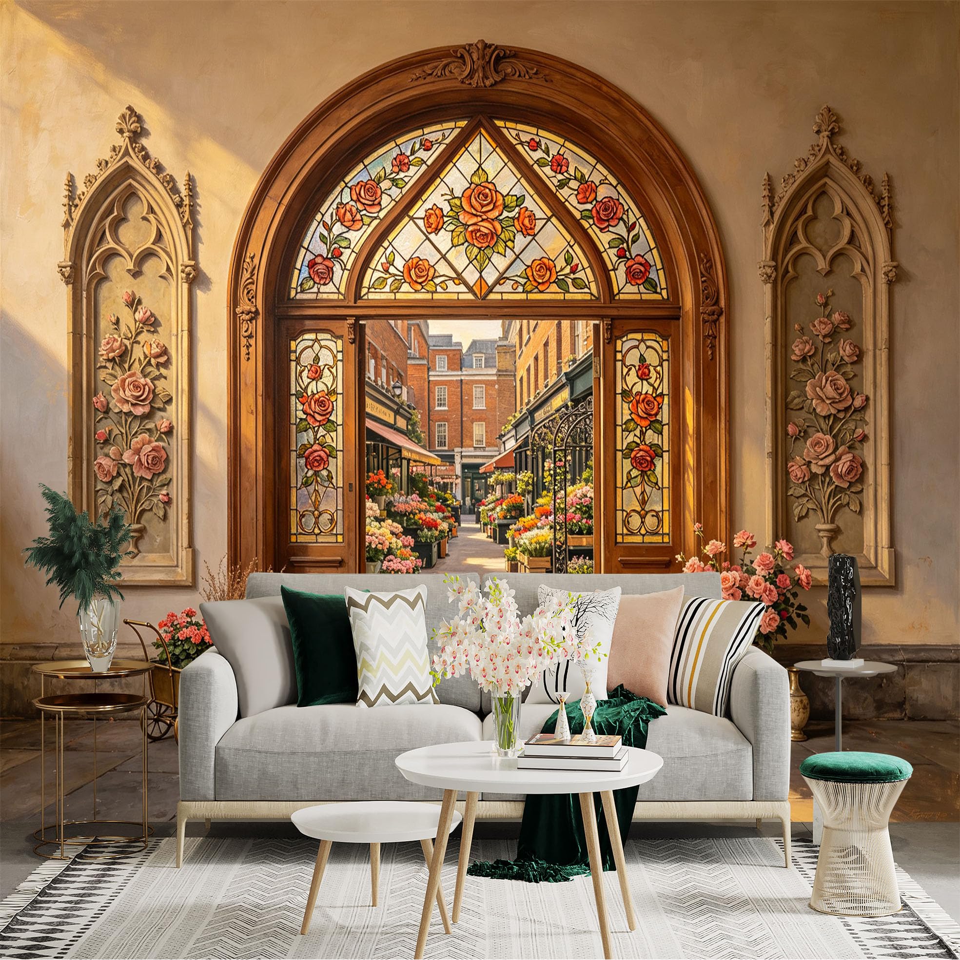 Custom Size Wall Sticker Mural， Vintage Floral Archway， Stained Glass Roses， European Market Street， for wall Decoration， peelandstick wall Decals.