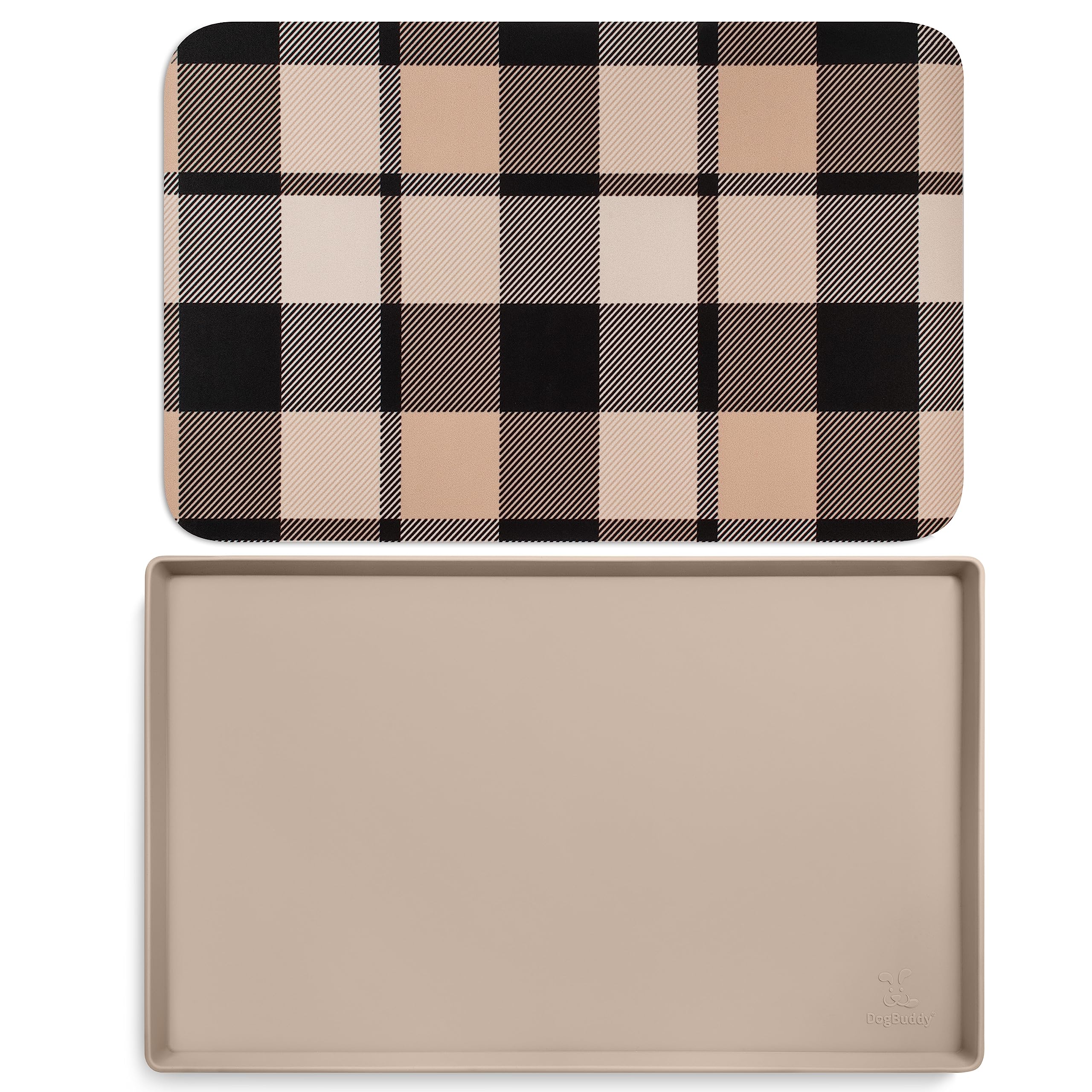 DogBuddyFood Mat (Large, Taupe) and Placemat (Large, Checkered) Bundle