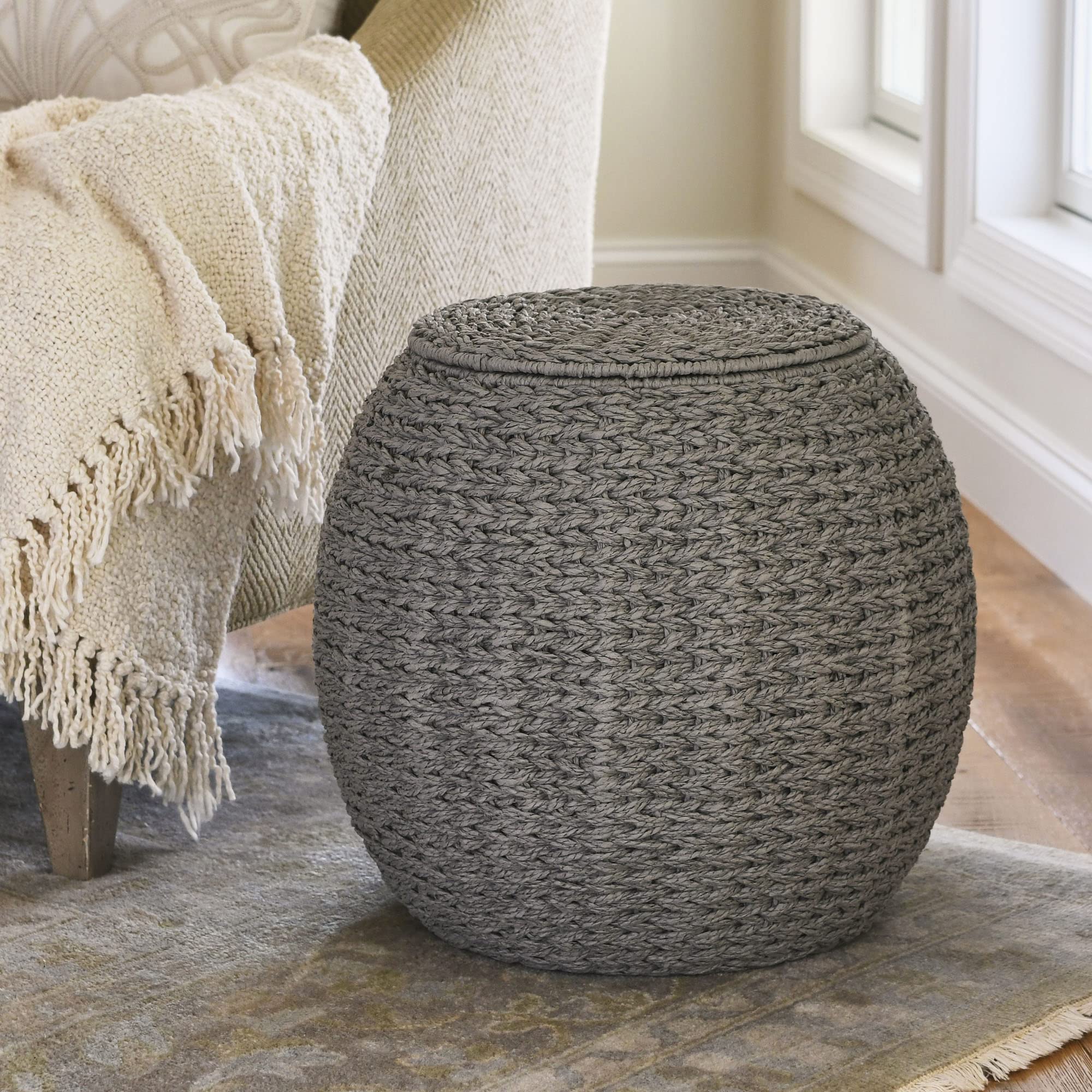 Household Essentials, Gray Handwoven Paper Rope Barrel Wicker Storage Basket Side Table