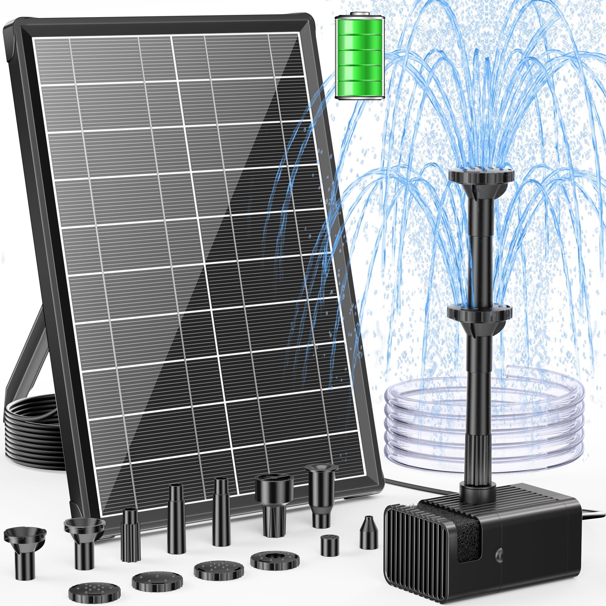 POPOSOAP 8W Solar Pond Pump with Built-in 3600mAh Battery Backup, Solar Powered Bird Bath Fountain with Dry-Run Protection & 8 Nozzles 5ft Tubing for Pond, Bird Bath, Garden Water Feature