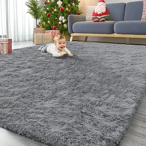 OLANLY 9x12 Machine Washable Large Area Rugs for Living Room, Bedroom, Soft Fluffy Shaggy Bedside Rug, Indoor Floor Carpet for Kids Girls and Boys, Dorms, Nursery, Home Decor Aesthetic, Light Grey