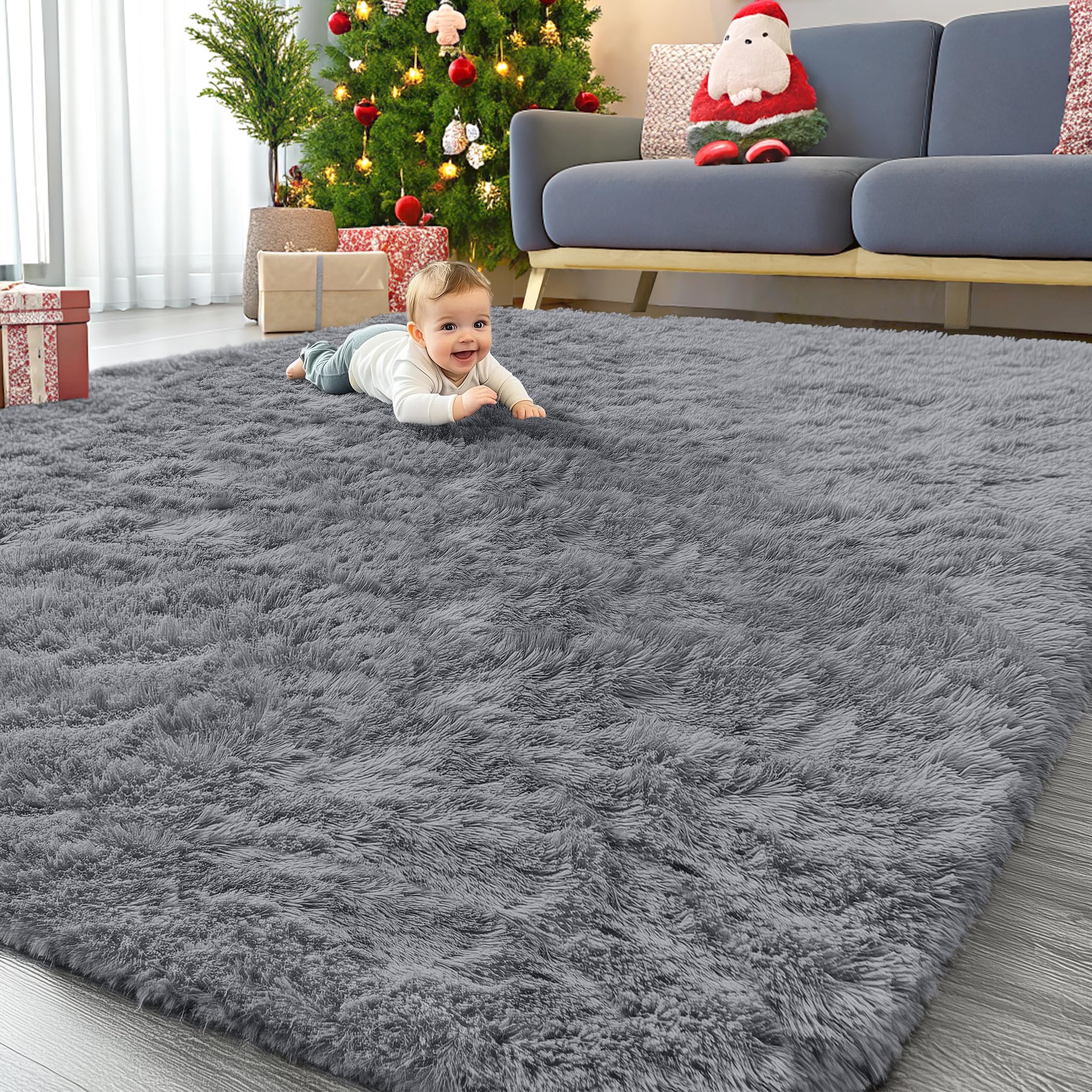 Photo 1 of OLANLY 7x12 Machine Washable Large Area Rugs for Living Room, Bedroom, Soft Fluffy Shaggy Bedside Rug, Indoor Floor Carpet for Kids Girls and Boys, Dorms, Nursery, Home Decor Aesthetic, Light Grey