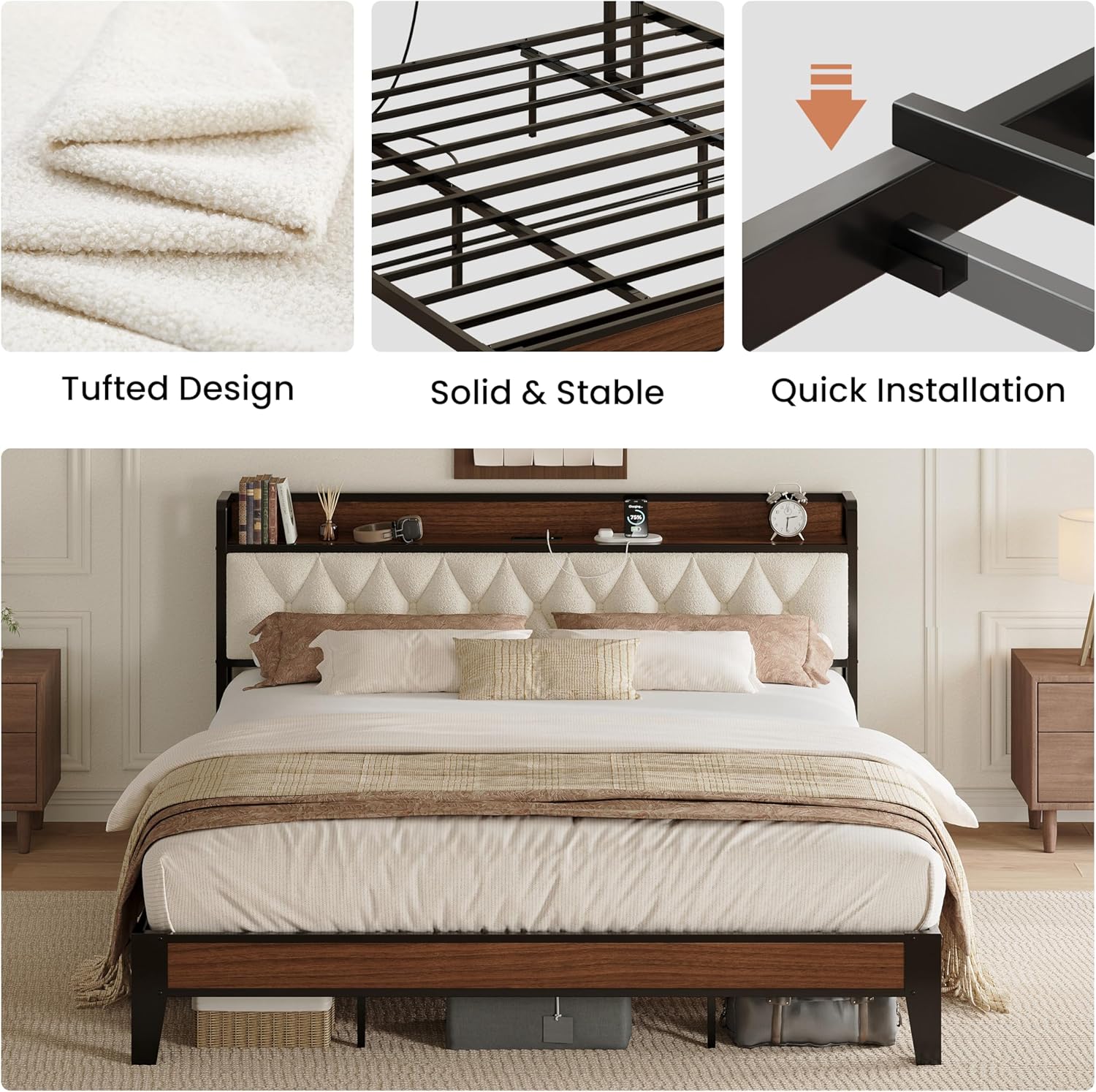 ANCTOR King Bed Frame, Storage Headboard with Charging Station, Platform Bed Frame with Strong Metal Support, Sturdy and Stable, Noise Free, No Box Spring Needed, Easy Assembly, Walnut