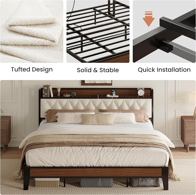 ANCTOR King Size Bed Frame with Headboard and Charging Station, Walnut image 6