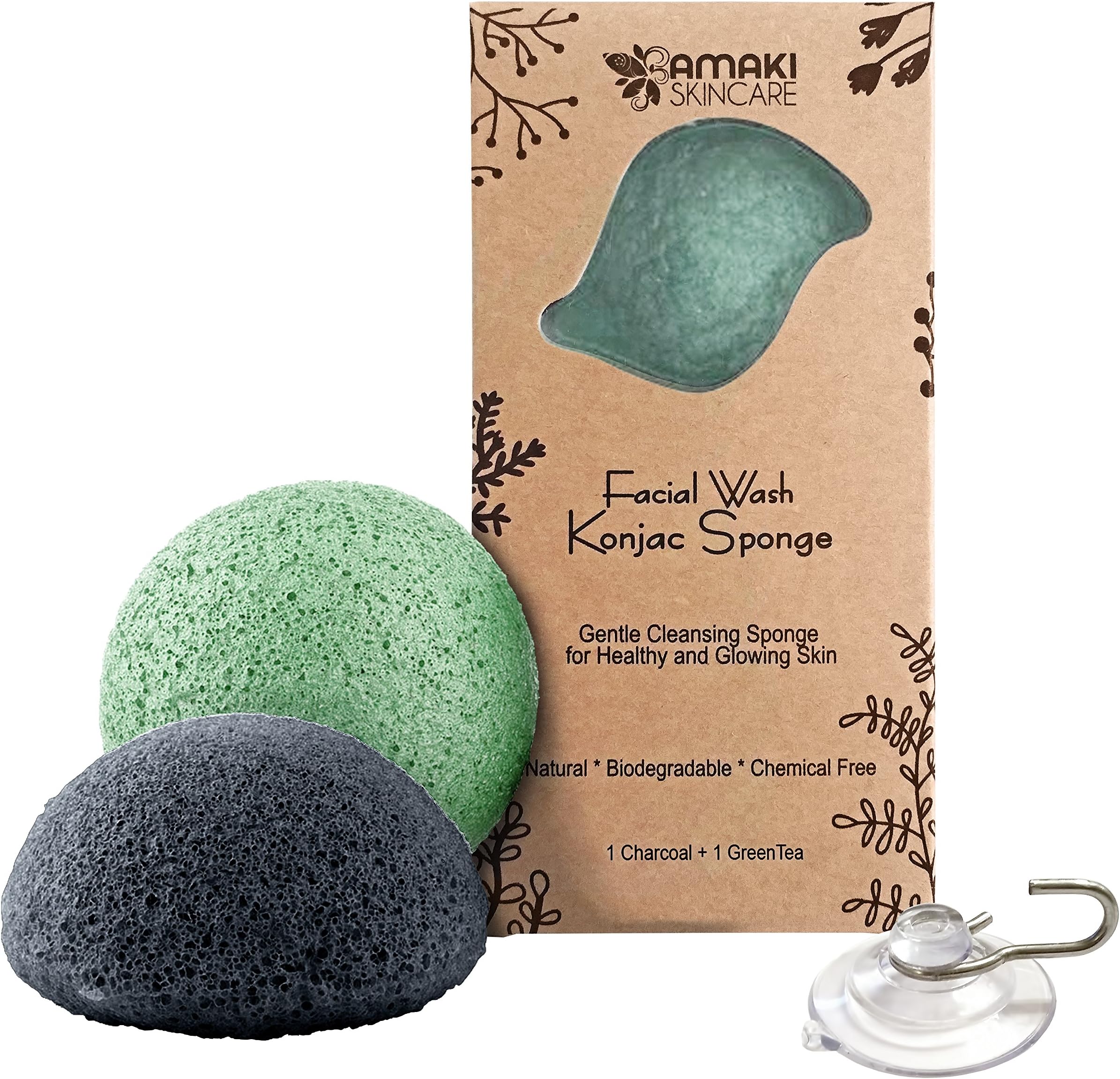 AMAKI SKINCARE Konjac Sponge Facial Cleanser with Added Green Tea and Activated Bamboo Charcoal-Sensitive to Oily and Acne Prone Skin Gentle Face Scrub, Face Sponges for Cleansing and Exfoliating