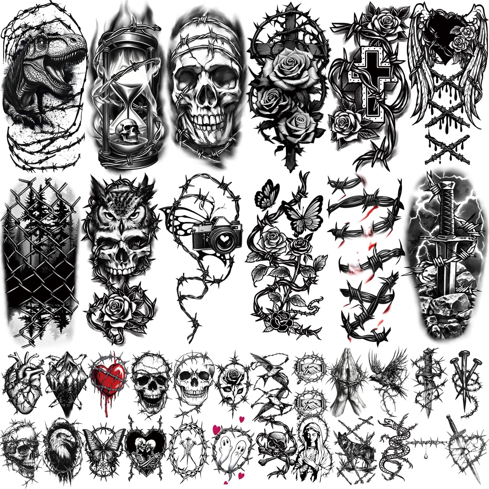 77 Sheets Temporary Tattoo for Women Men, 17 Sheets Half Arm Large Black Barbed Wire Fake Tattoos, 60 Sheets Skull Heart Flowers Tiny for Adult Kids