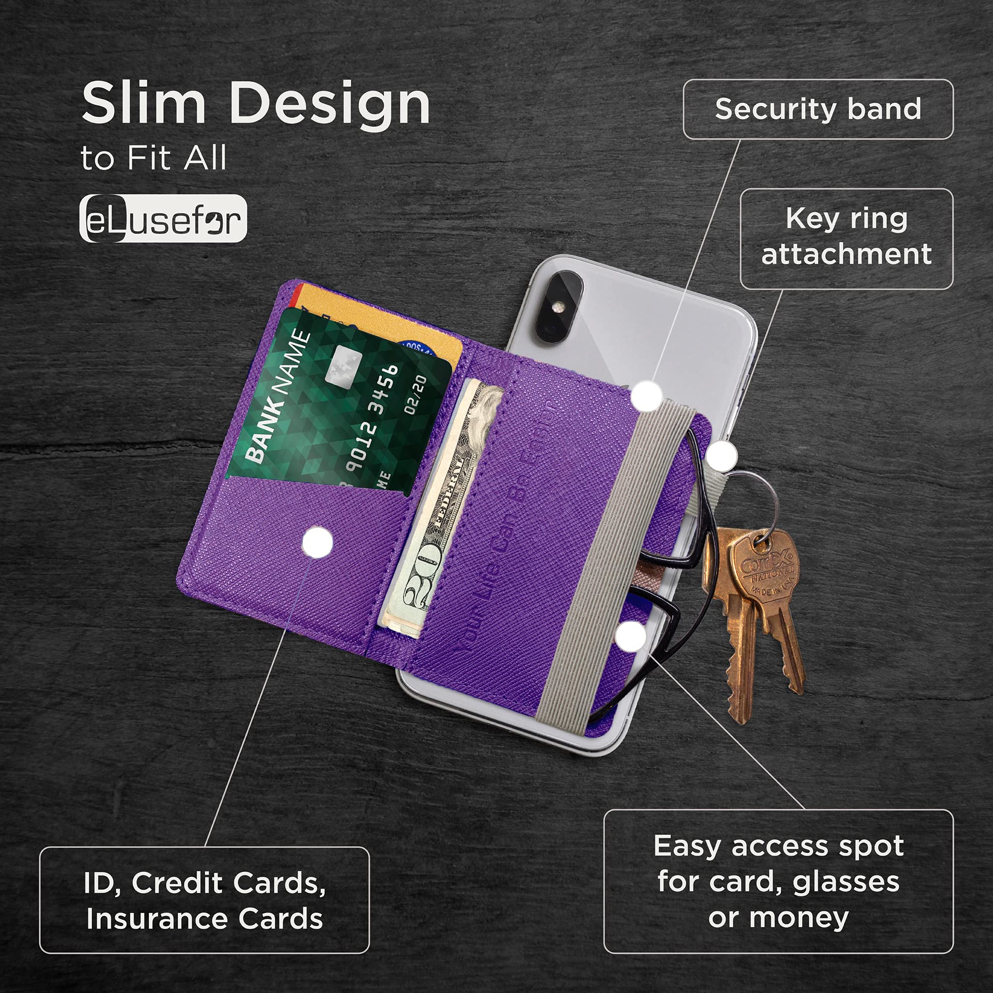 Przyklejany portfel na telefon z tyłu etui na iPhone'a lub Android, etui na karty kredytowe z 6 rękawami, kieszeń na karty, pieniądze i dowód osobisty, wbudowany stojak, wodoodporny materiał, podróże, praca i życie (fioletowy)