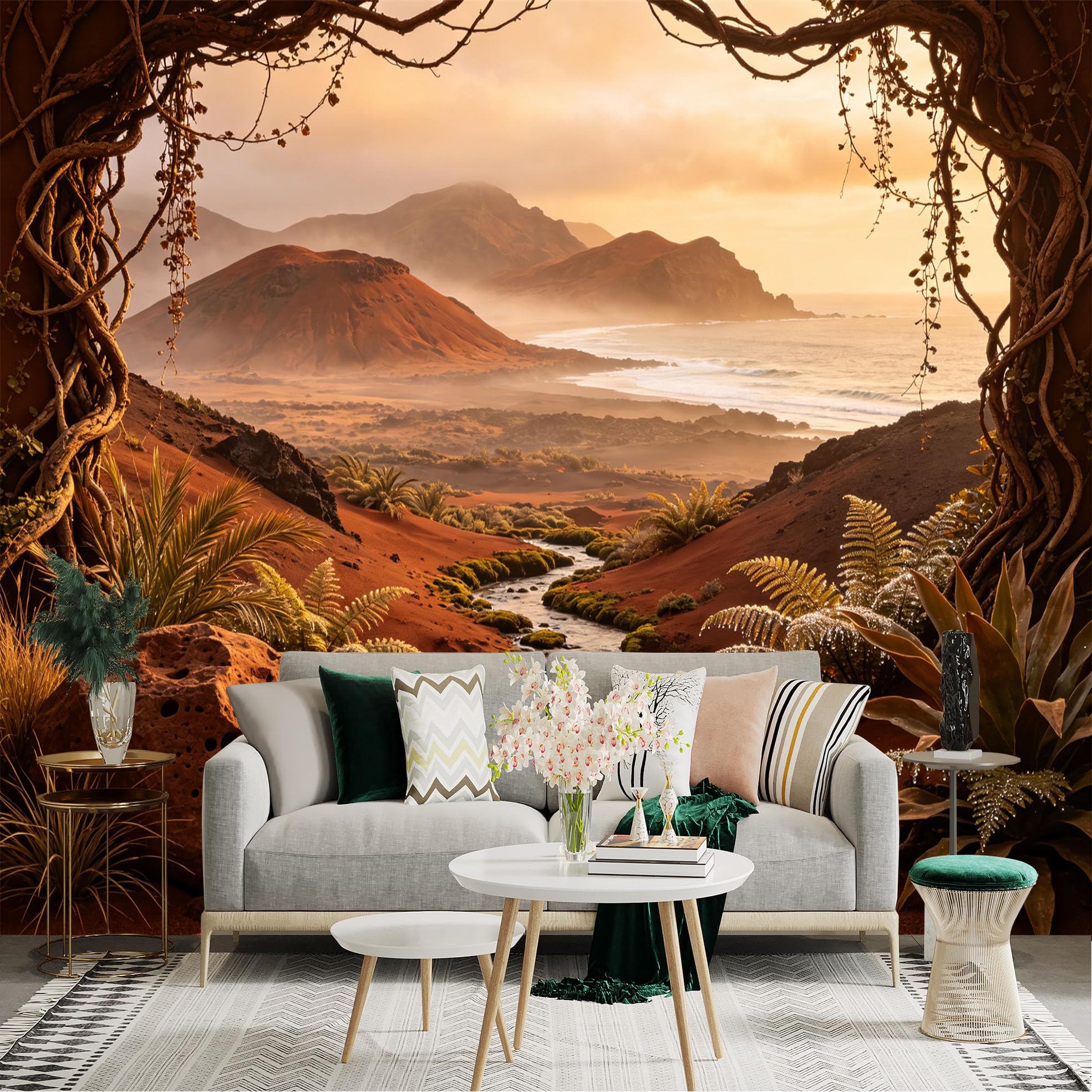 Custom Size Wall Sticker Mural， Sunset Desert Landscape with Mountains， River and Tropical Plants， for wall Decoration， peelandstick wall Decals.