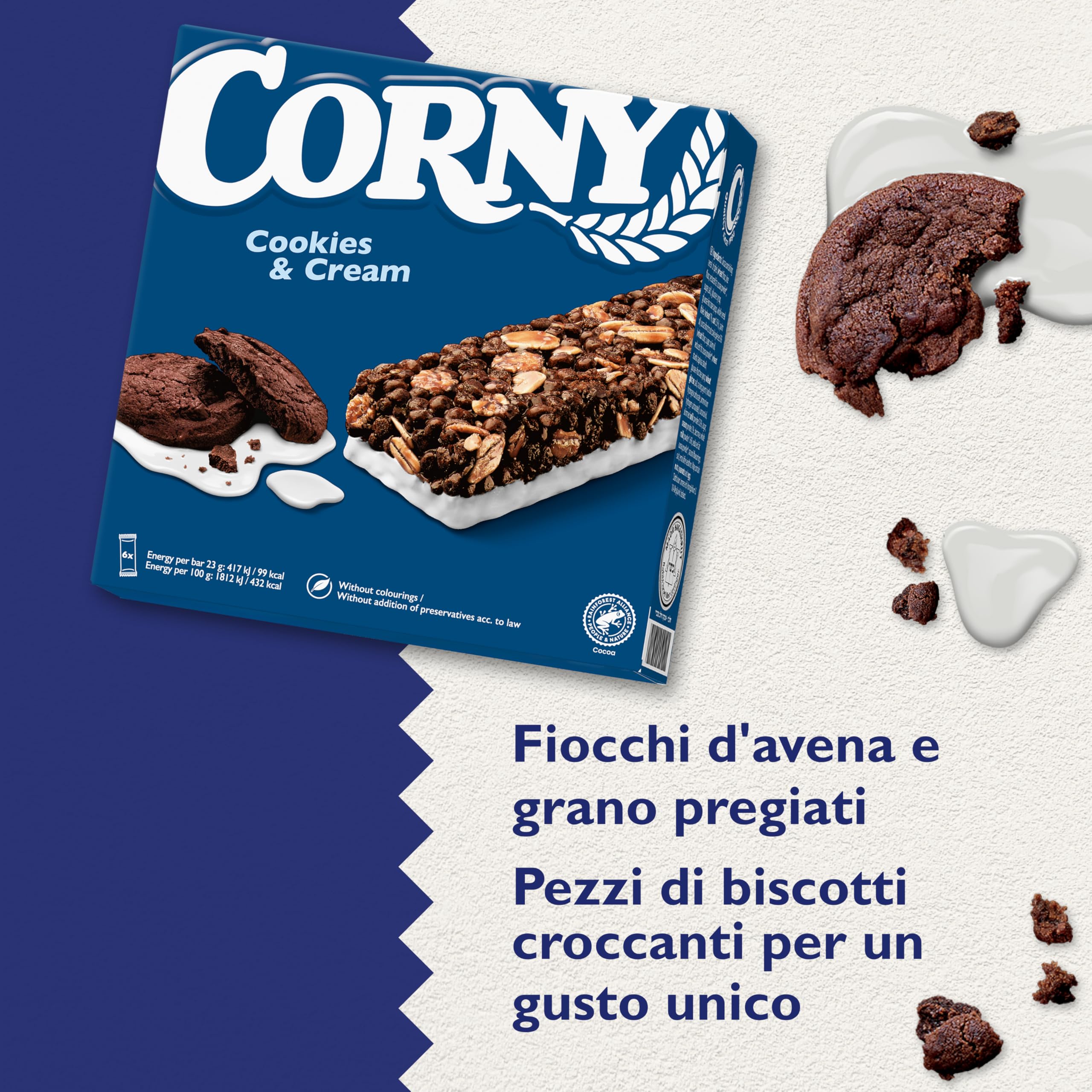 Corny Original 60 Barrette Cereali Cookies & Cream, 10x6x23g | Zero conservanti, senza olio di palma, snack merenda, colazione, gusto biscotto e crema, scuola, in famiglia