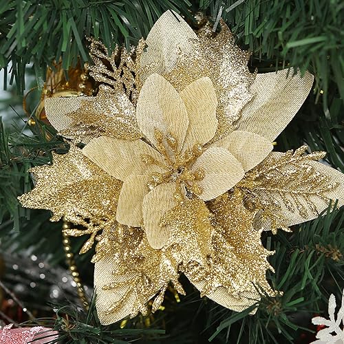 Miniatura 29 de 12 piezas de flores de Pascua artificiales de Navidad con clips y tallos, decoraciones de Navidad con purpurina para adornos de árbol de Navidad