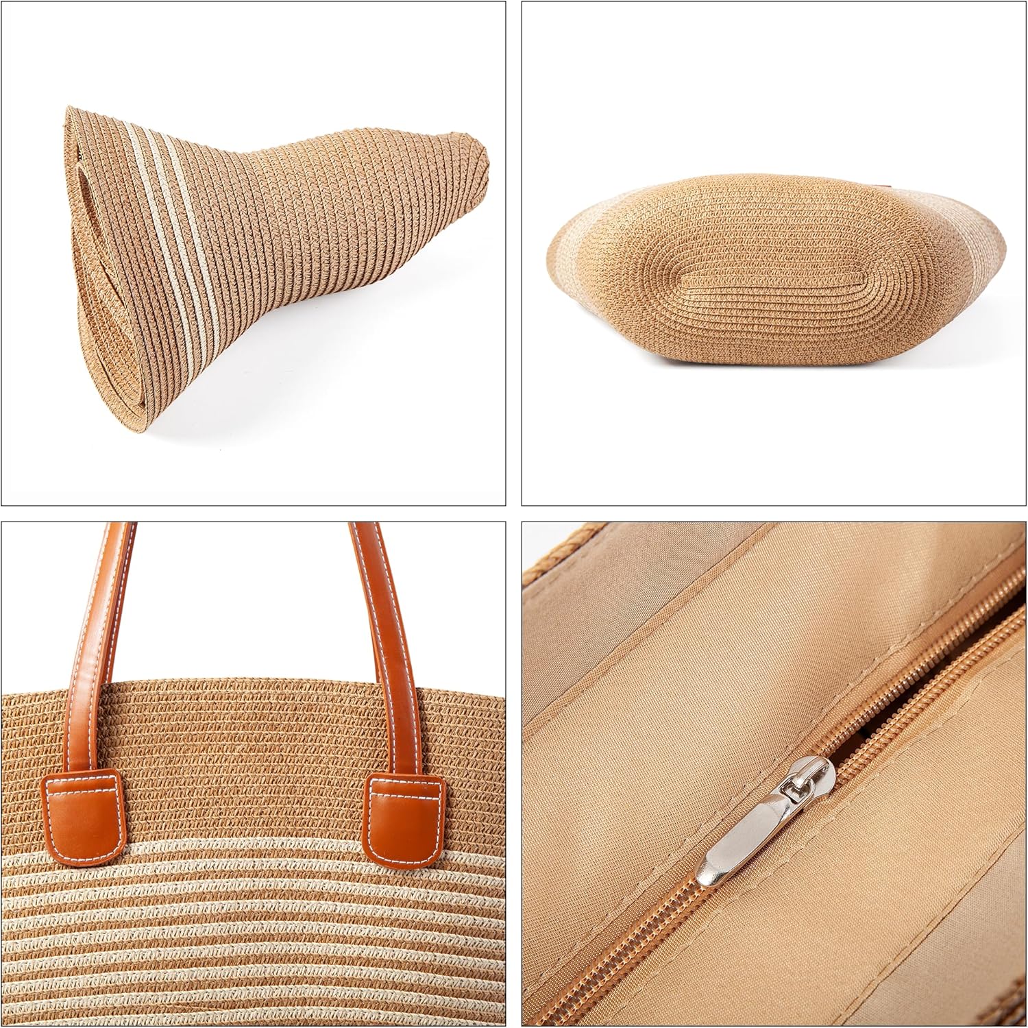 Womens Large Capacity Straw woven Tote with Hat, Summer Beach Shoulder Bag for Shopping Camping