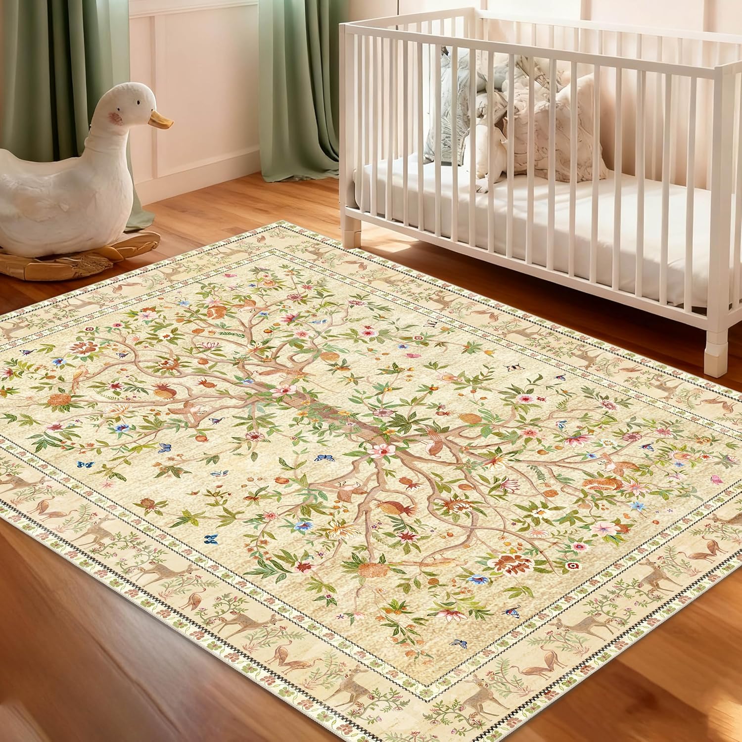 3x5 Area Rug Washable, Non-Slip Small Rug Carpet, Floral Boho Low Pile Soft Throw Rugs for Entryway, Bedroom, Kids Room, Dorm, Office, Nursery, Vintage Home Decor（Beige）