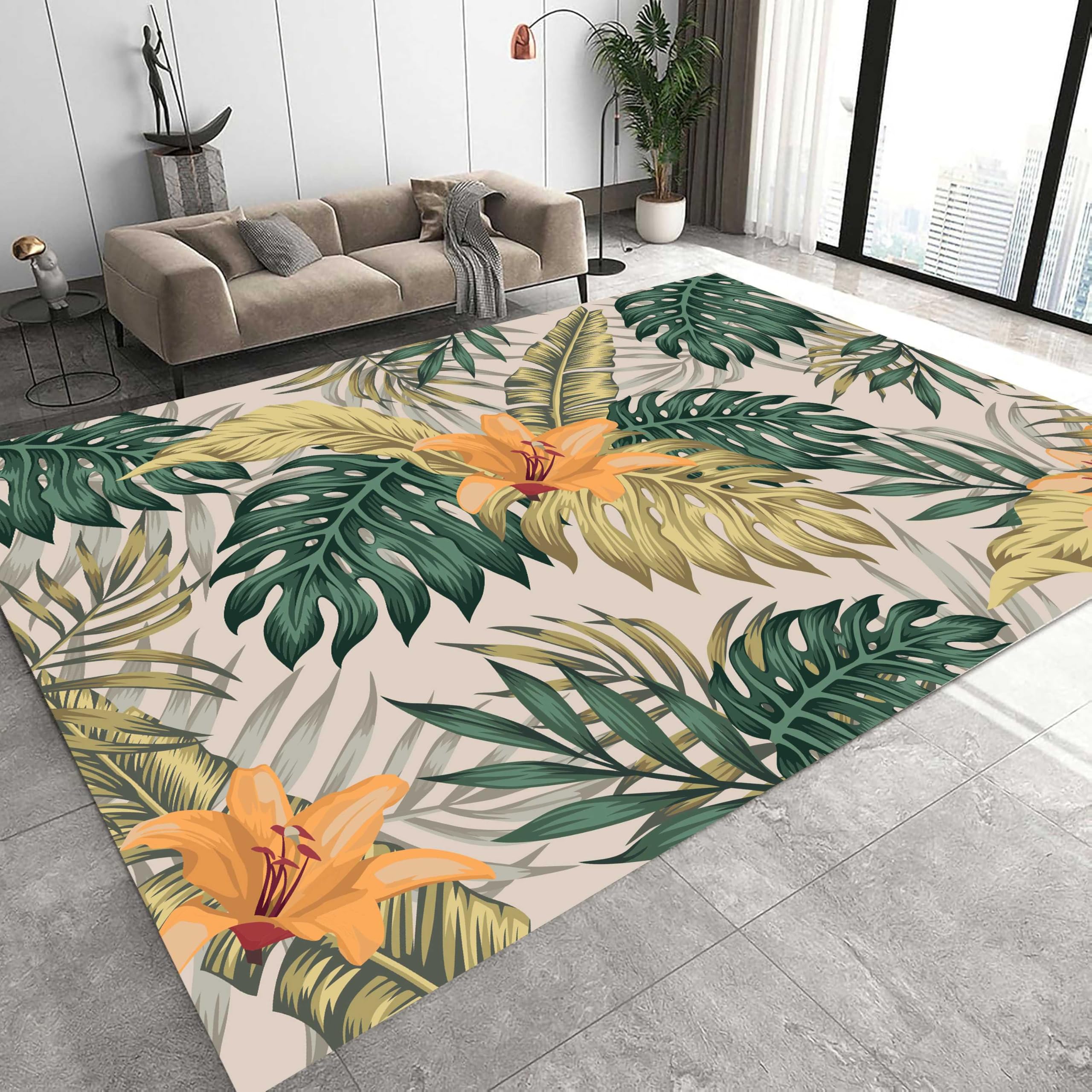 Kuluoits Leaves Area Rug, 180x260cm, Green Living Room Rug, Monstera Flowers Leaf Throw Rugs Art Tropical Leaves Rugs, Washable Soft Carpet for Bedroom Bathroom Office 3D Decor Carpet Non Slip