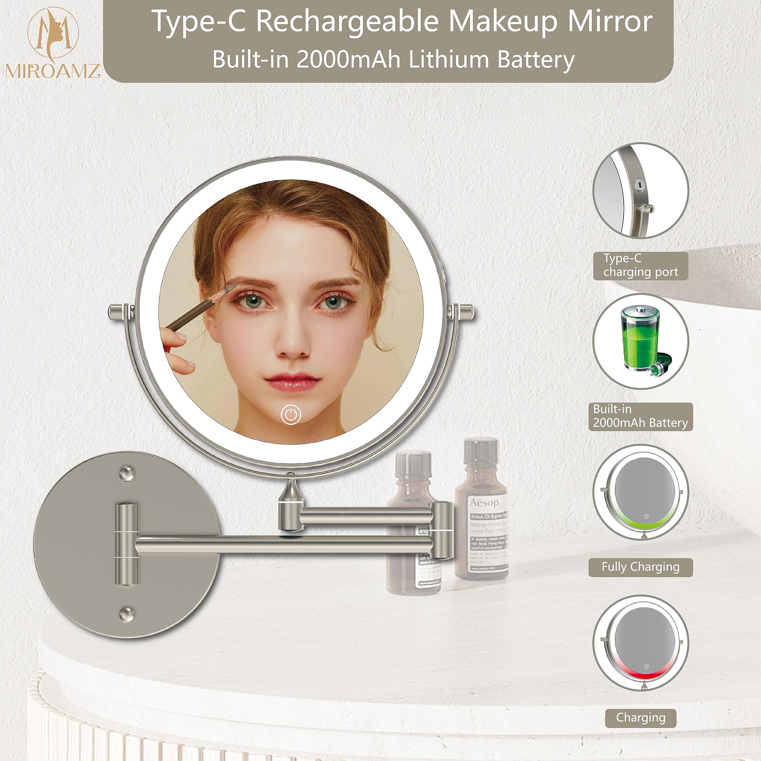 Espejo de cambiador de maquillaje recargable iluminado montado en la pared, 8 pulgadas, doble cara, 1 espejo de baño de 10 aumentos, iluminación de 3 colores, visualización táctil, rotación