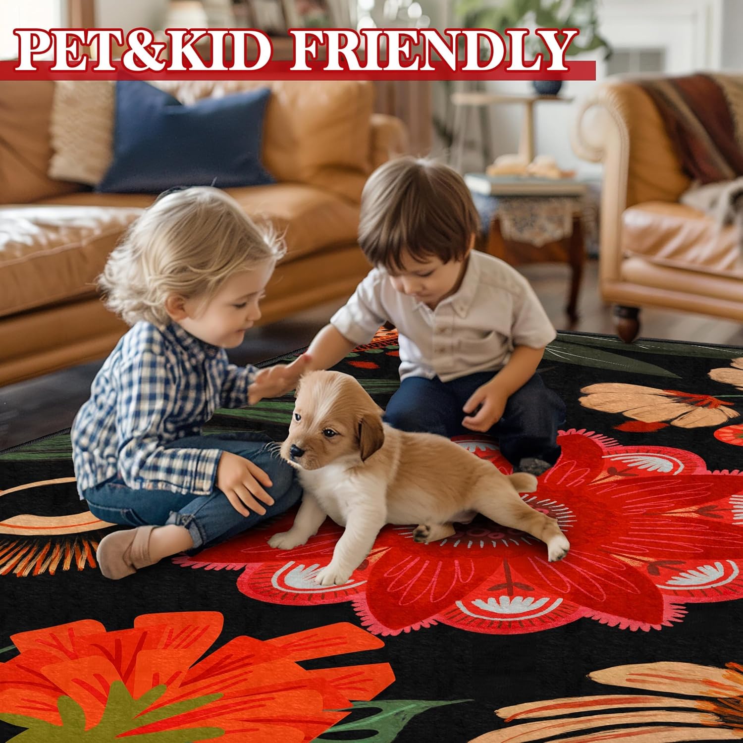 Black Boho Floral Bedoom Rugs Washable 5x7 Area Rug for Living Room Non Slip Soft Mid Century Modern Accent Rugs Farmhouse Abstract Botanical Floor Carpet for Dining Room Kids Playroom