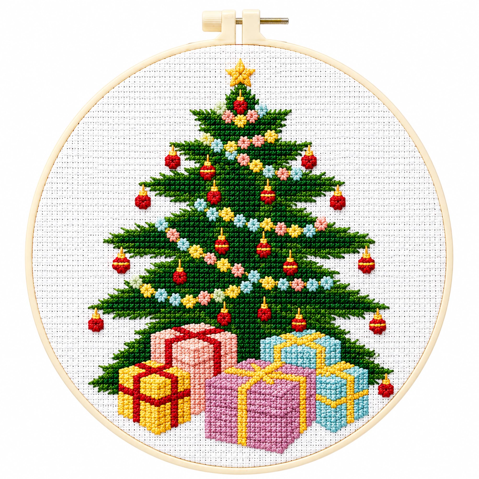 Zhenqing Christmas Tree &amp; Bells Cross Stitch Kit with Hoop - 11CT Pre-Printed 24x24cm Fabric &amp; Complete Tools for Beginners (68321)