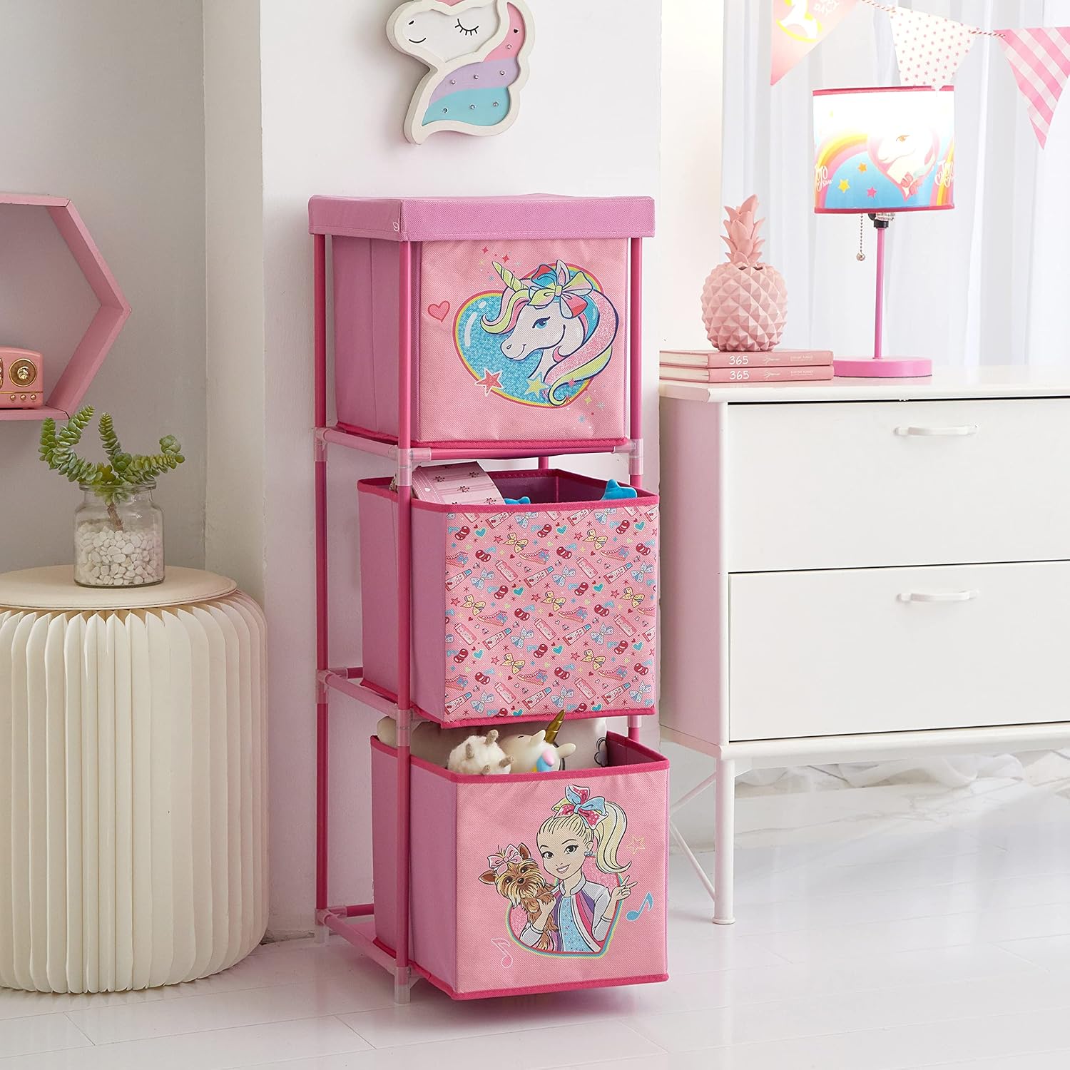 Nickelodeon JoJo Siwa 3-Tier Fabric Storage Organizer with Unicorn Design and Removable Lid - Perfect for Kids' Room or Playroom