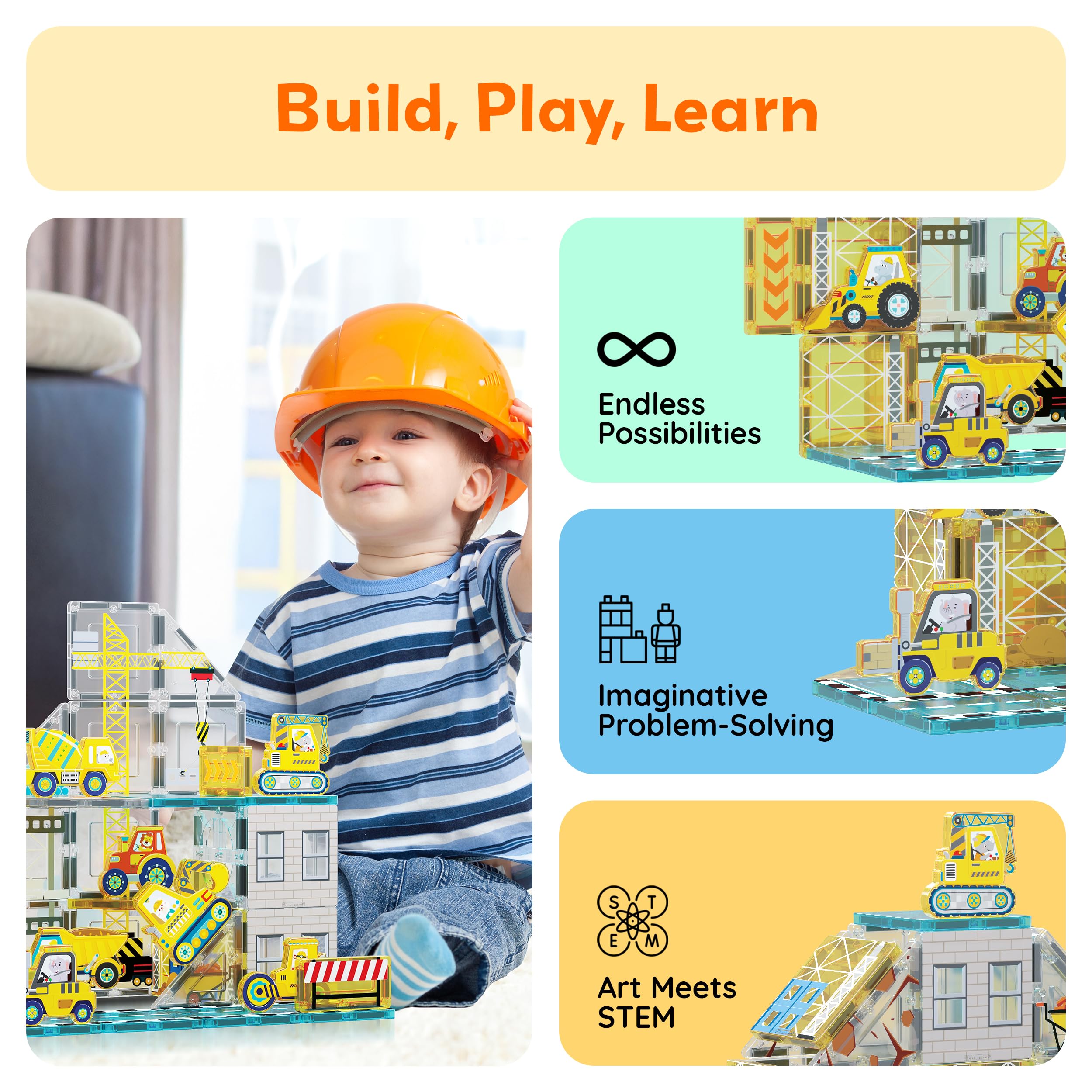 PicassoTiles Magnet Tiles Magnetic Building Blocks with 8 Construction Vehicles Crank Truck Excavator Bulldozer Road Roller Concrete Mixer Tractor Dump Truck Forklift Toys Learning Kids Ages 3+ PTQ11 - Image 4