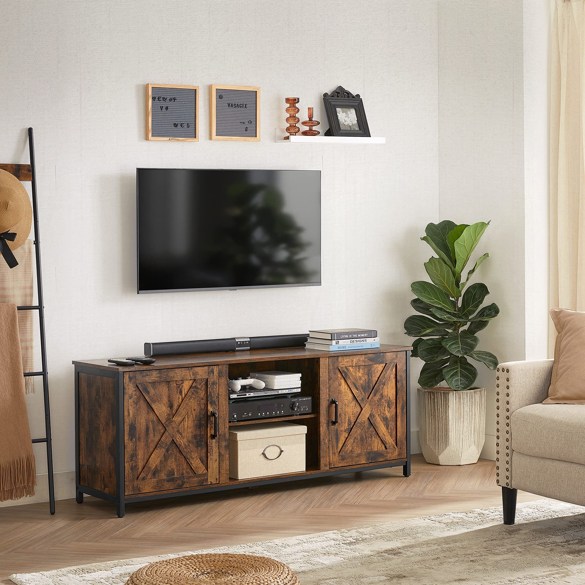 VASAGLE TV Stand with Farmhouse Barn Doors and Adjustable Shelves, for