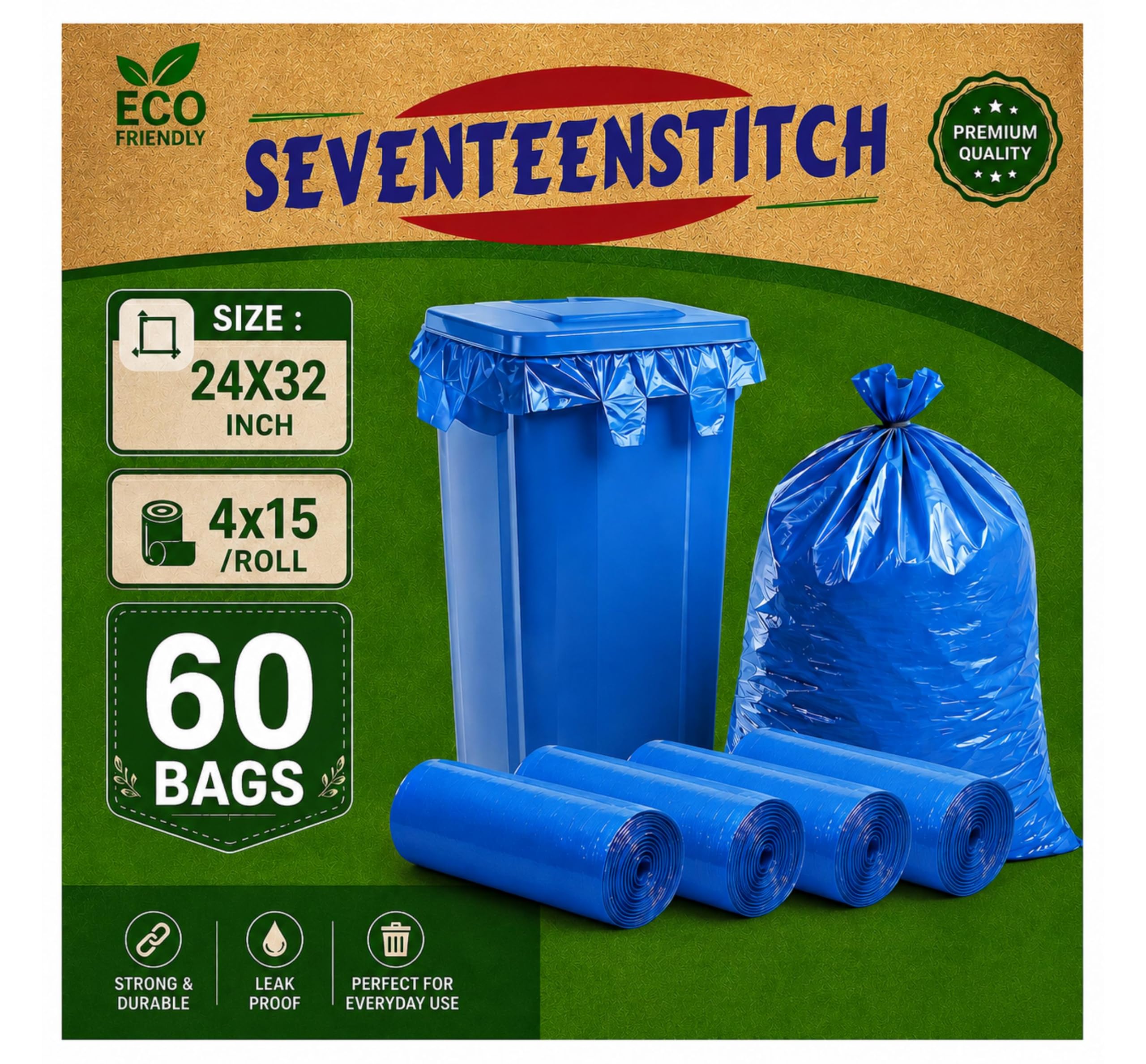 Large Trash Bags - 3 Rolls of 24x32 Blue Bags -7