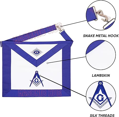 Miniatura 4 de Masonichub Masonic Master Mason Delantal 100% Piel de cordero Blanco Azul Lodge Delantal bordado a mano | Cuadrado G y brújula, Blanco, azul