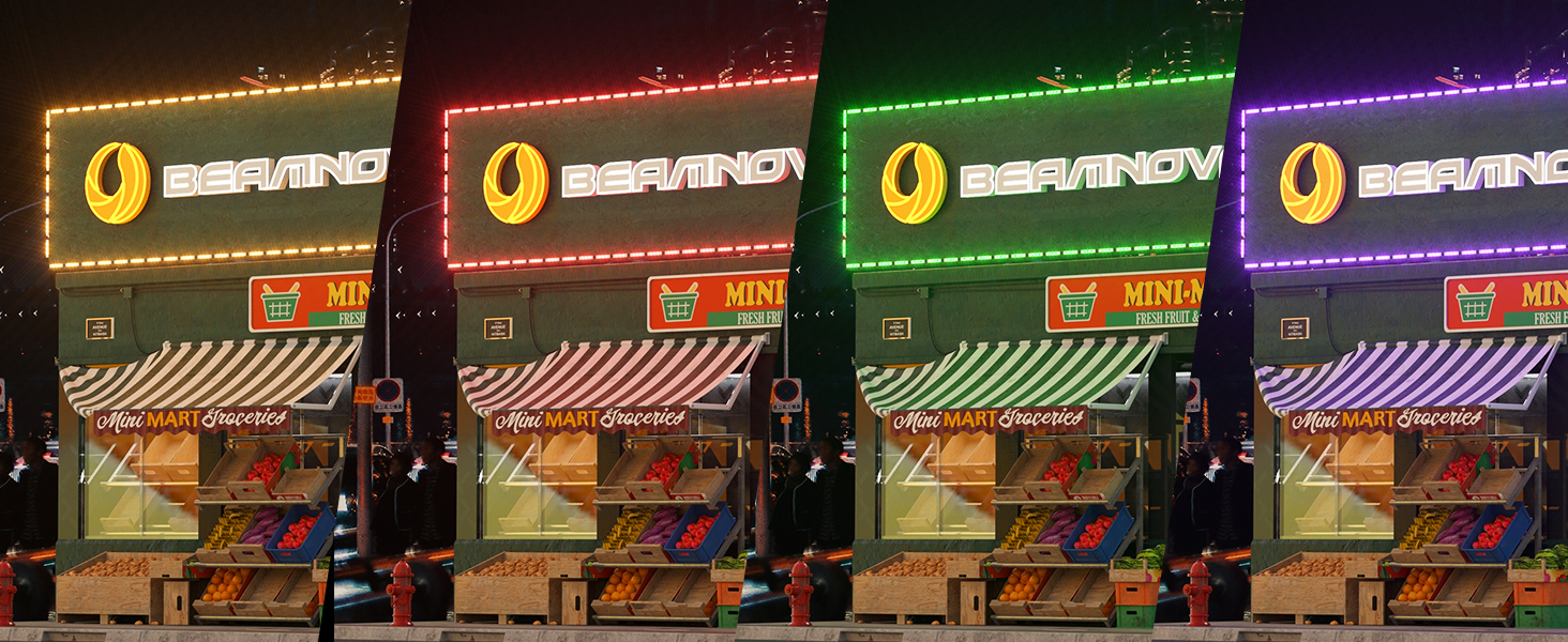 Image of BEAMNOVA 80Ft RGB LED Storefront Lights for Business, Bluetooth App Control, Remote, AC 120V to DC 12V Voltage Transformer, SMD 5050 LED Beads, IP65 Waterproof Adhesive Light Modules