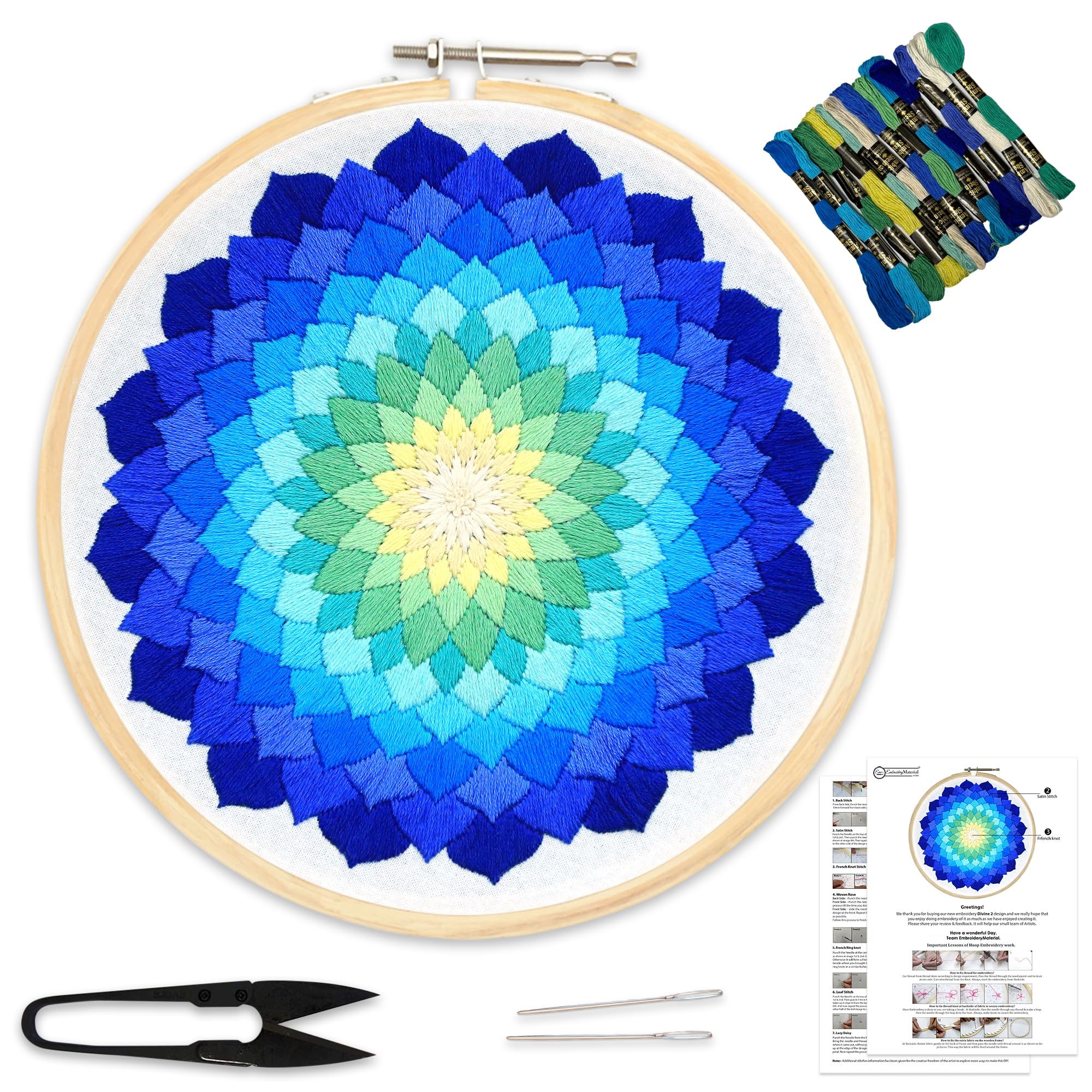 Embroiderymaterial DIY Embroidery Kit for Beginner, Adults & Kids with Blue Divine Circle Design Digital Printed Cloth/Fabric & Written Instructions All Material Included