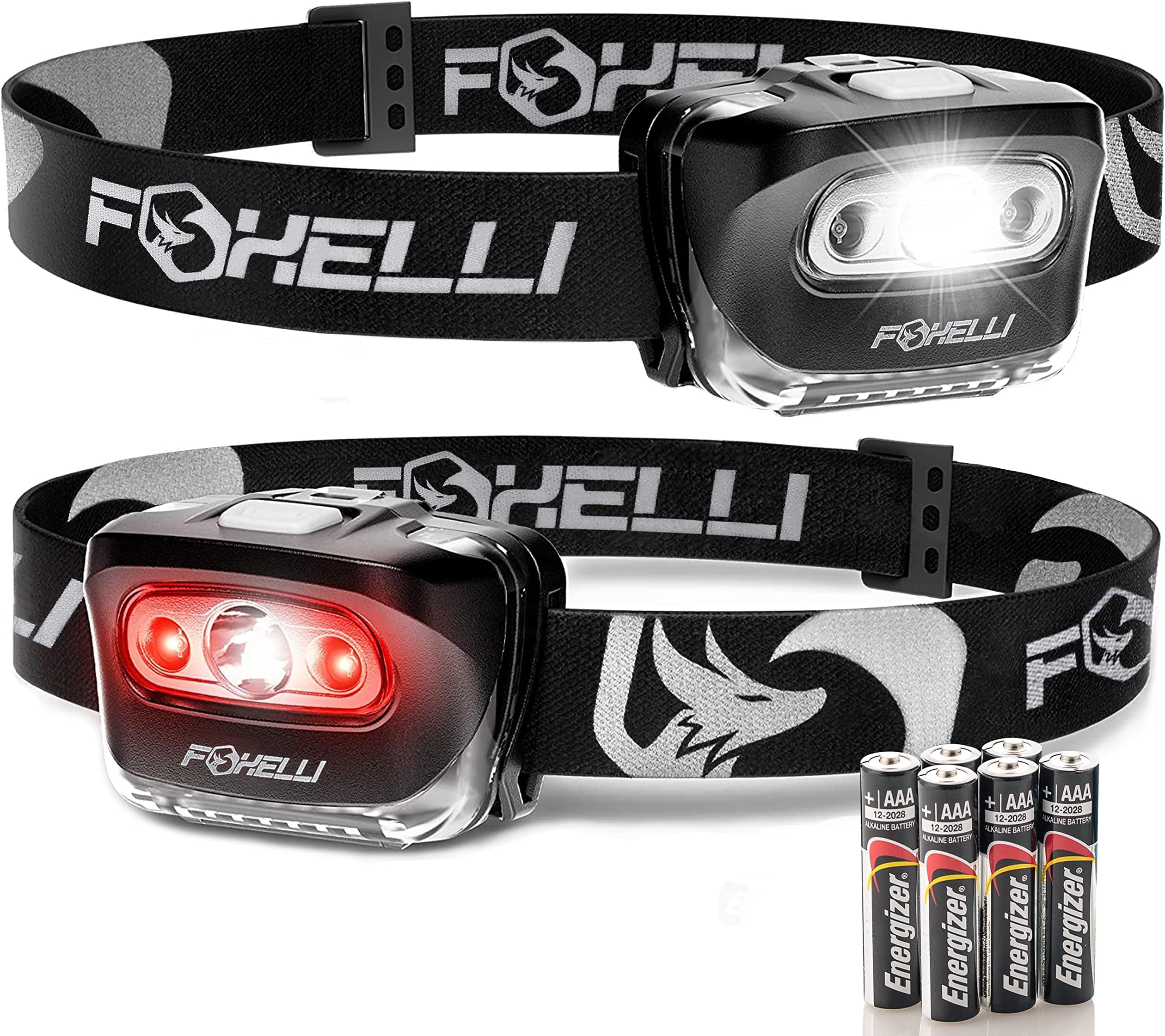 Foxelli LED Head Torch - for Adults & Kids, Running, Camping, Hiking Headtorch Battery Powered with White & Red Light, Lightweight Waterproof Headlamp with Comfortable Headband, Batteries Included