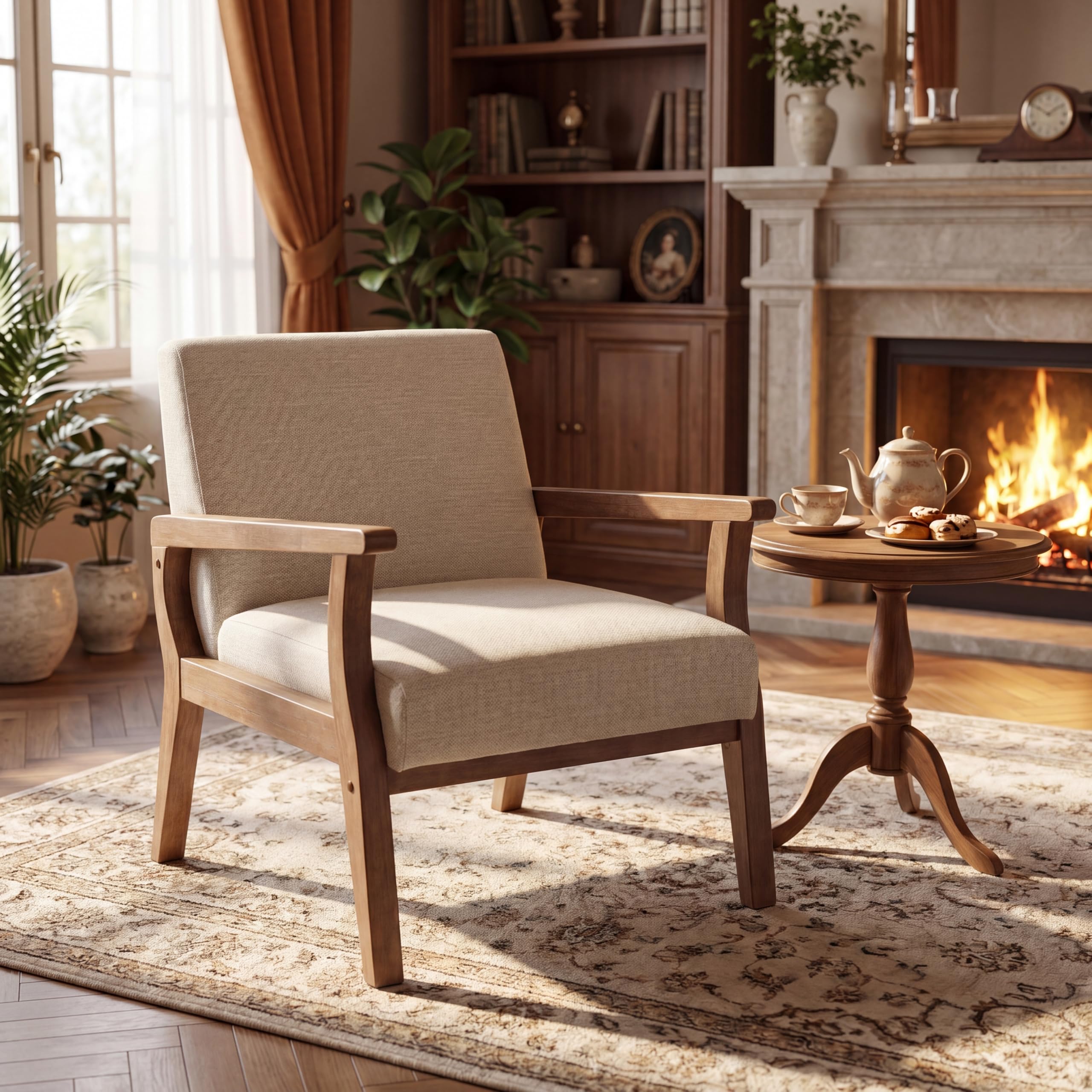CIMOO Beige Accent Chair Mid Century Modern Armchair Wood Sitting Chair Linen Fabric Upholstered Side Chair Comfortable Chair for Living Room Bedroom