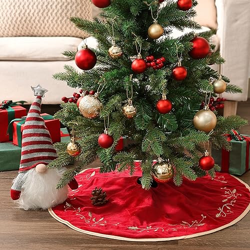 Miniatura 24 de Falda para árbol de Navidad, árbol de Navidad rojo de 60 pulgadas, faldas grandes de terciopelo rústico para árbol de Navidad, faldas de árbol