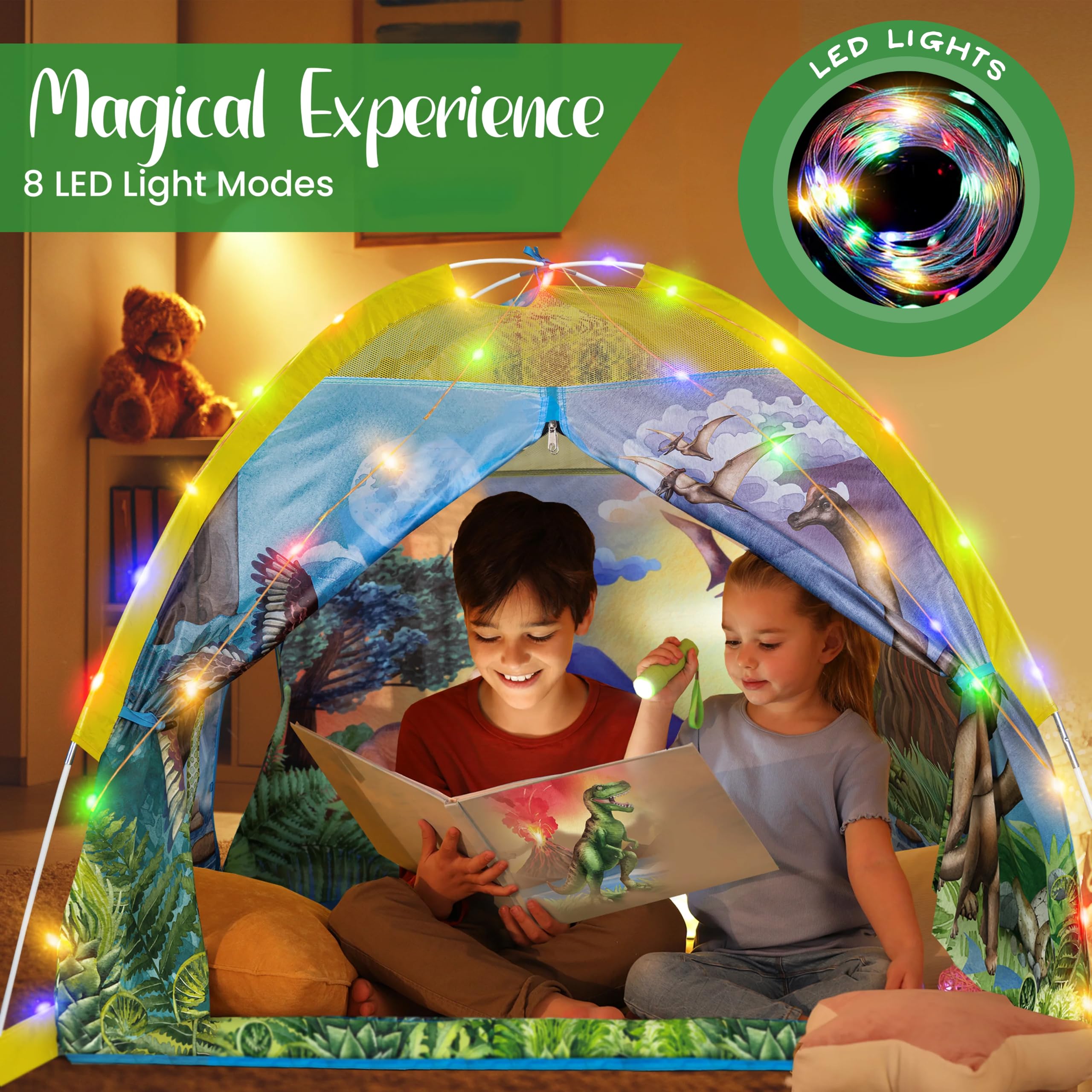 W&O Tenda per Bambini Dino Super Dome Con Tasto Ruggito - Tenda Dinosauro per Bambini Con Luci a LED - Tenda Bambini Interno ed Esterno - Tenda Gioco Bambini – Tende Dinosauri Giocattolo