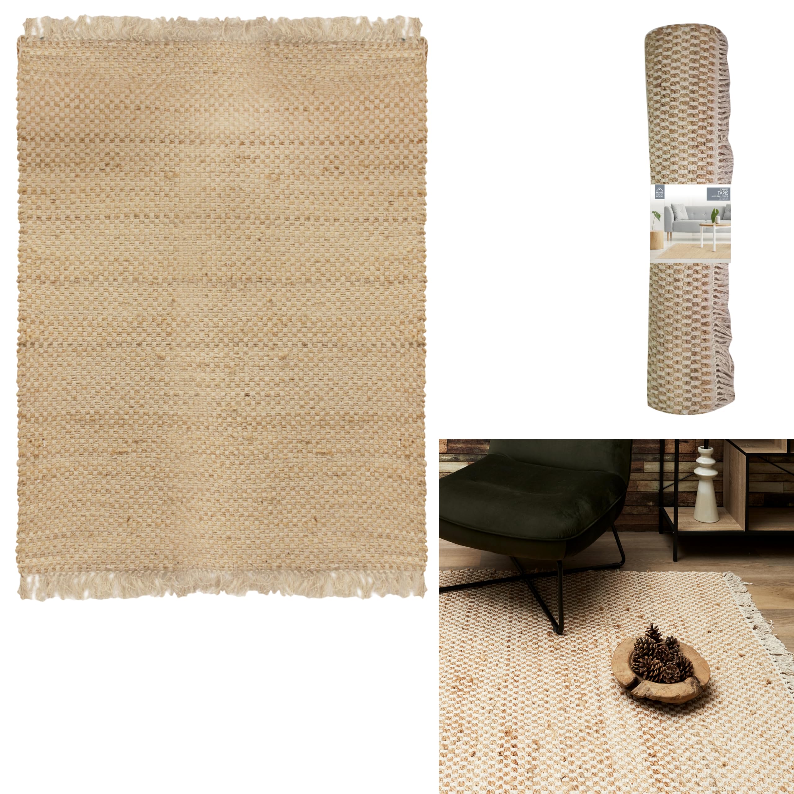 HOME DECO FACTORY - Tx9026 - Tapis en Toile de Jute avec Franges 120X170 cm Deco Textile D'Interieur Tapis Decoration