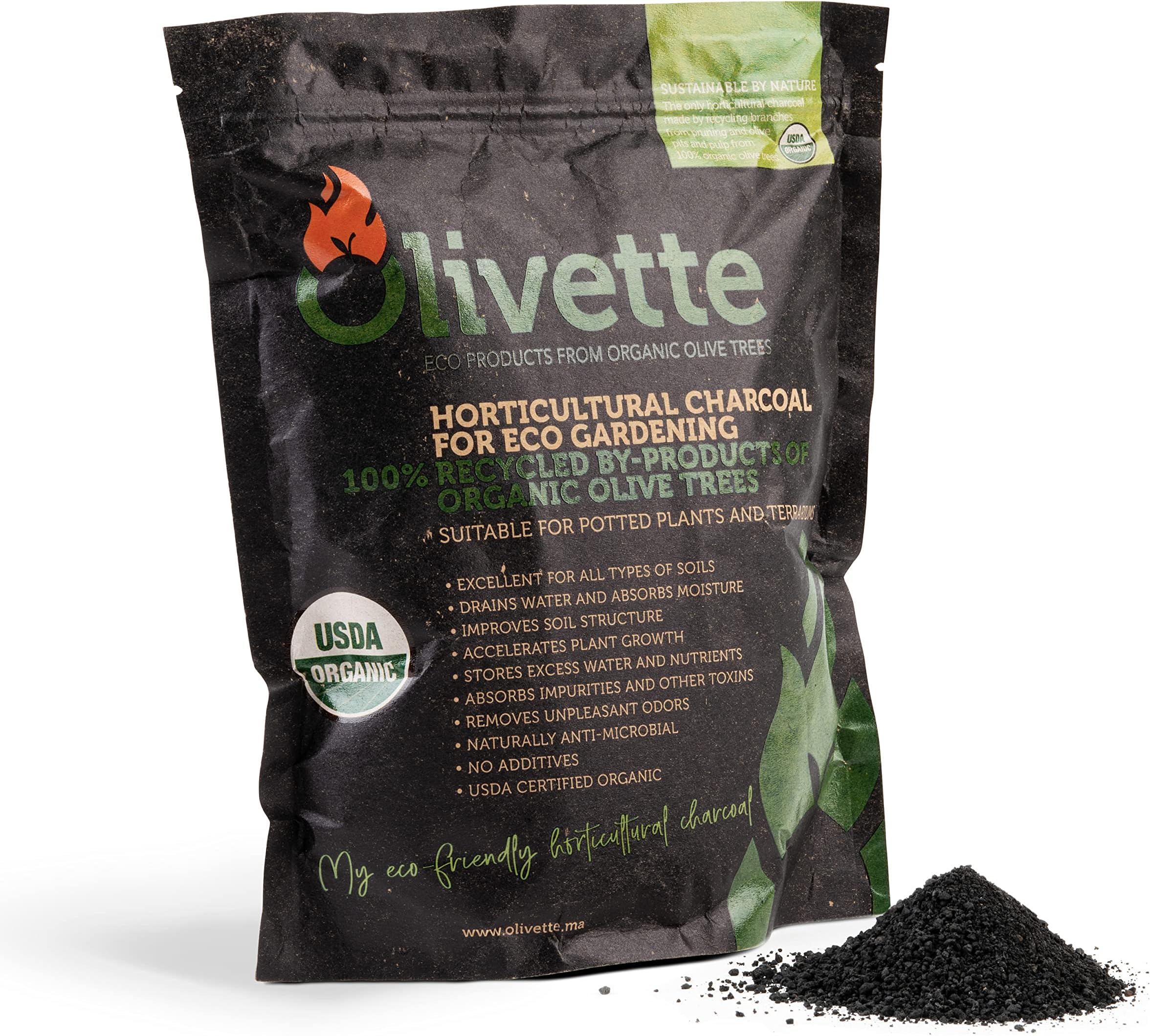 Olivette Horticultural Activated Charcoal for Plants | Terrarium Horticulture Moisture Absorbers | Terrarium Supplies | USDA Organic Certified | Made from Recycled Olive Tree Byproducts | 1 Qt Bag