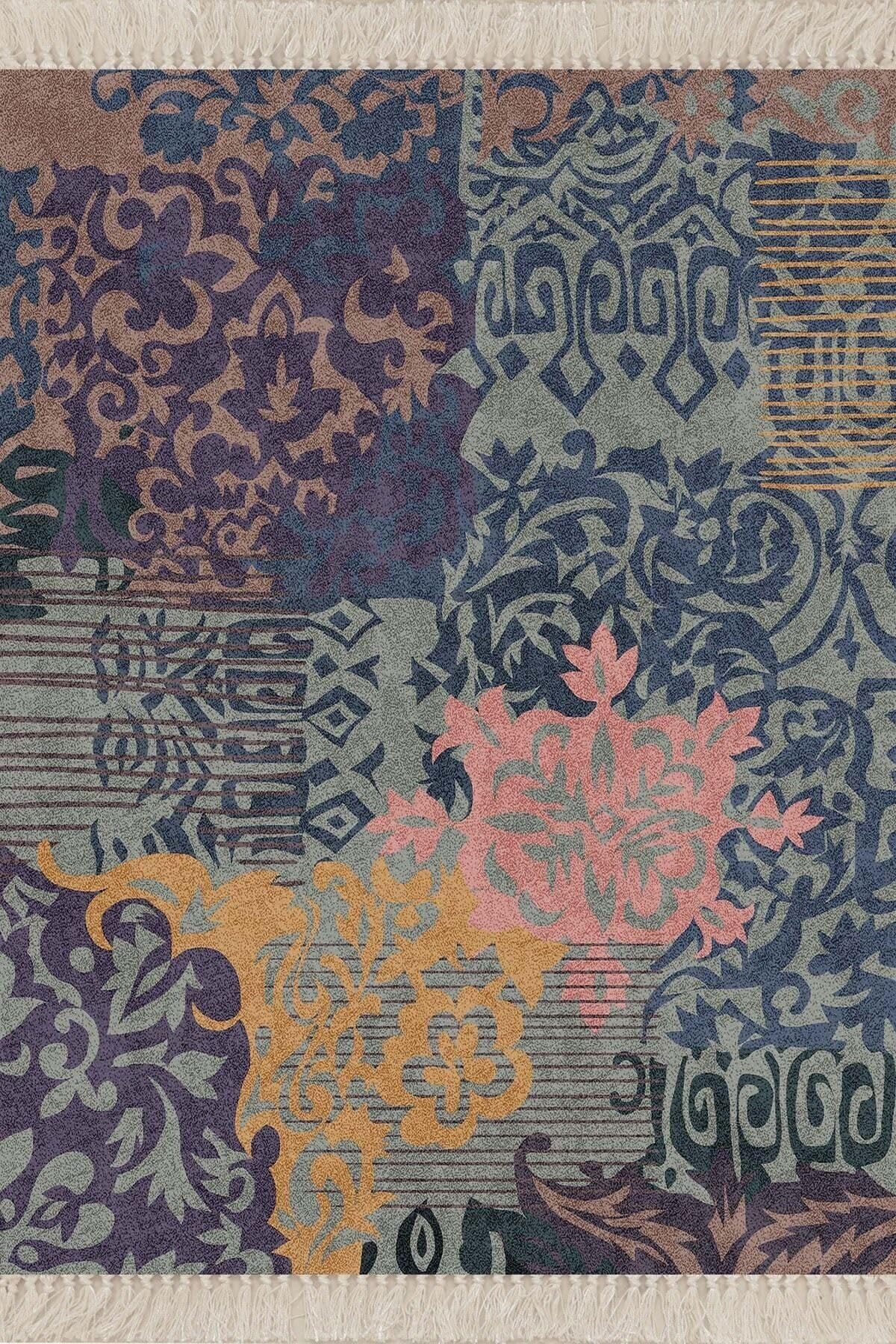 On The Clouds Kırkyama Patchwork Şal Desenli Etnik Dijital Baskı Yıkanabilir Modern Salon Halı ve Yolluk MEG703, 100 x 250
