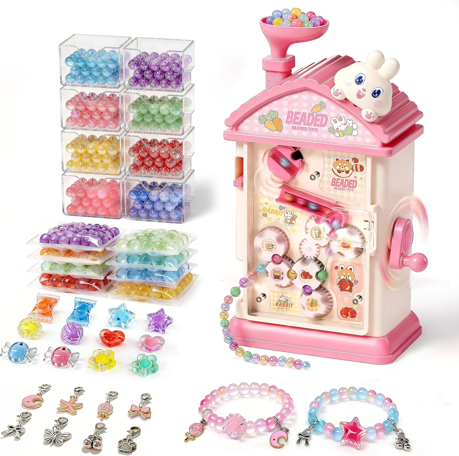 STACTCUTE Bracelet Maker Machine for Girls 6-12, Mess-Free DIY Charm Jewelry Making Kit with 800+ Beads and Mechanical Spinner, No Battery Bead Stringing Toy, Easter Bunny Gifts for Kids 6 7 8 (Pink)