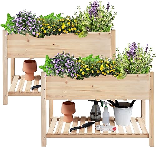 Yaheetech Cama de jardín elevada de madera con patas y estante de almacenamiento, caja elevada de madera, cama de cultivo de verduras para flores,