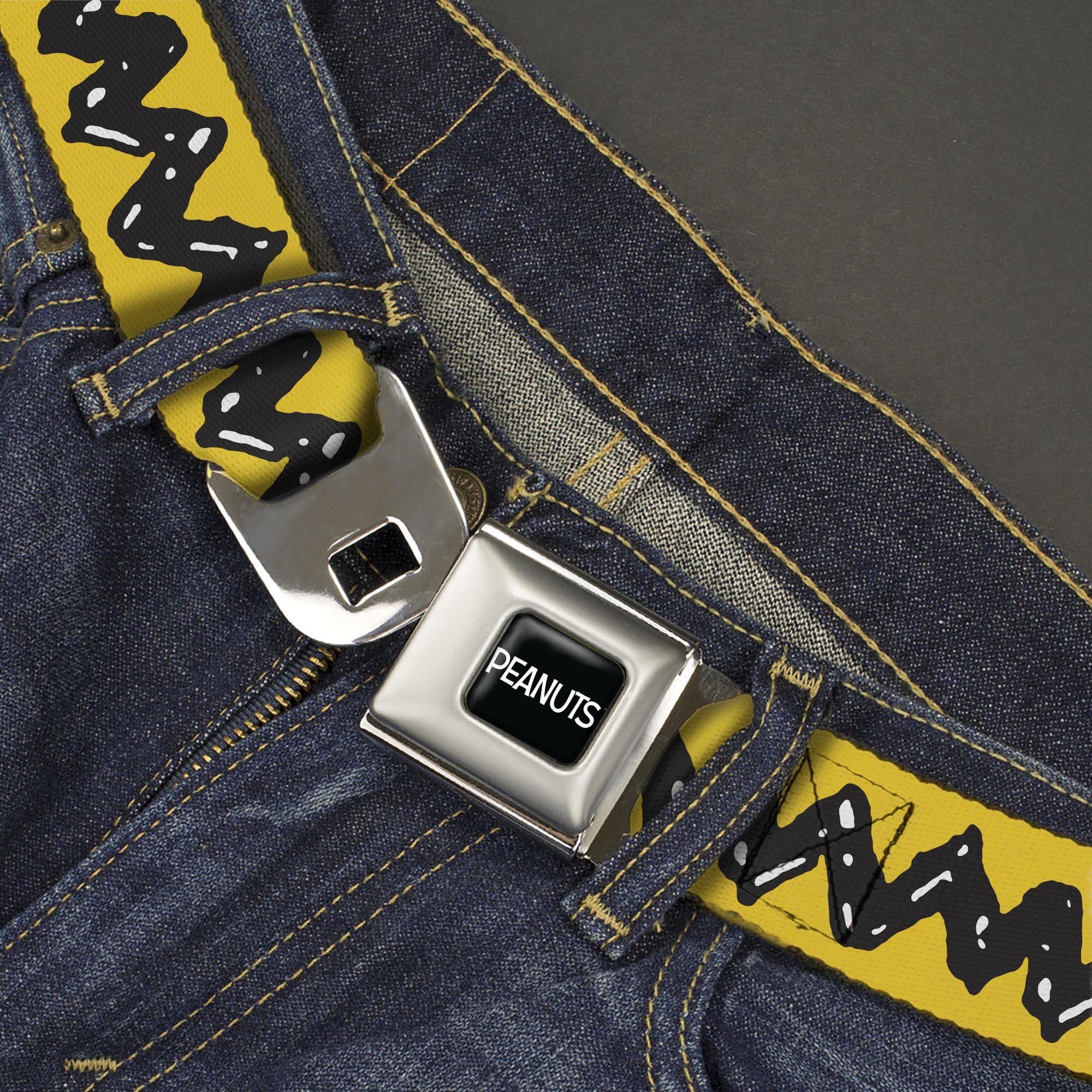 Peanuts Worldwide LLC Belt, Seatbelt Buckle Belt, Peanuts Charlie Brown Zig Zag Stripe Yellow Black, Youth 20 to 36 Inches