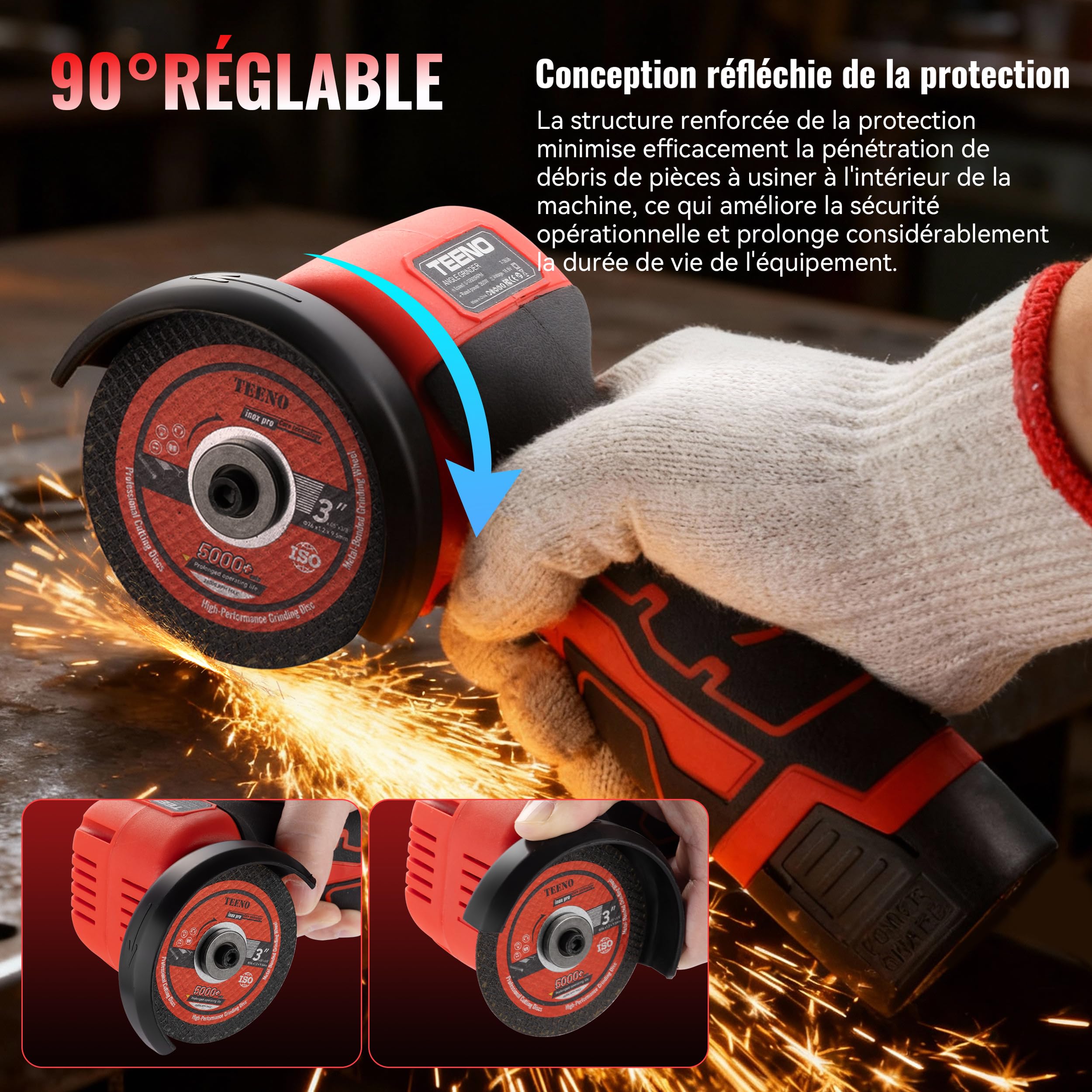 Meuleuse d'Angle TEENO 19 500 RPM - Disqueuse Sans Fil 76mm, Kit Complet avec 2 Batteries 2000mAh et 6 Disques - Pour Meulage, Polissage, Découpe Professionnelle