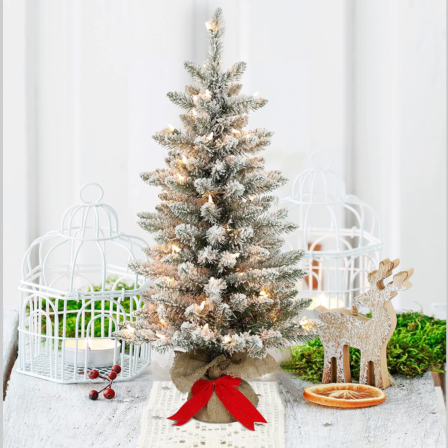 Puleo International Pre-Lit 3' Slim Flocked Fraser Fir Artificial Christmas Tree with 70 Lights, Green