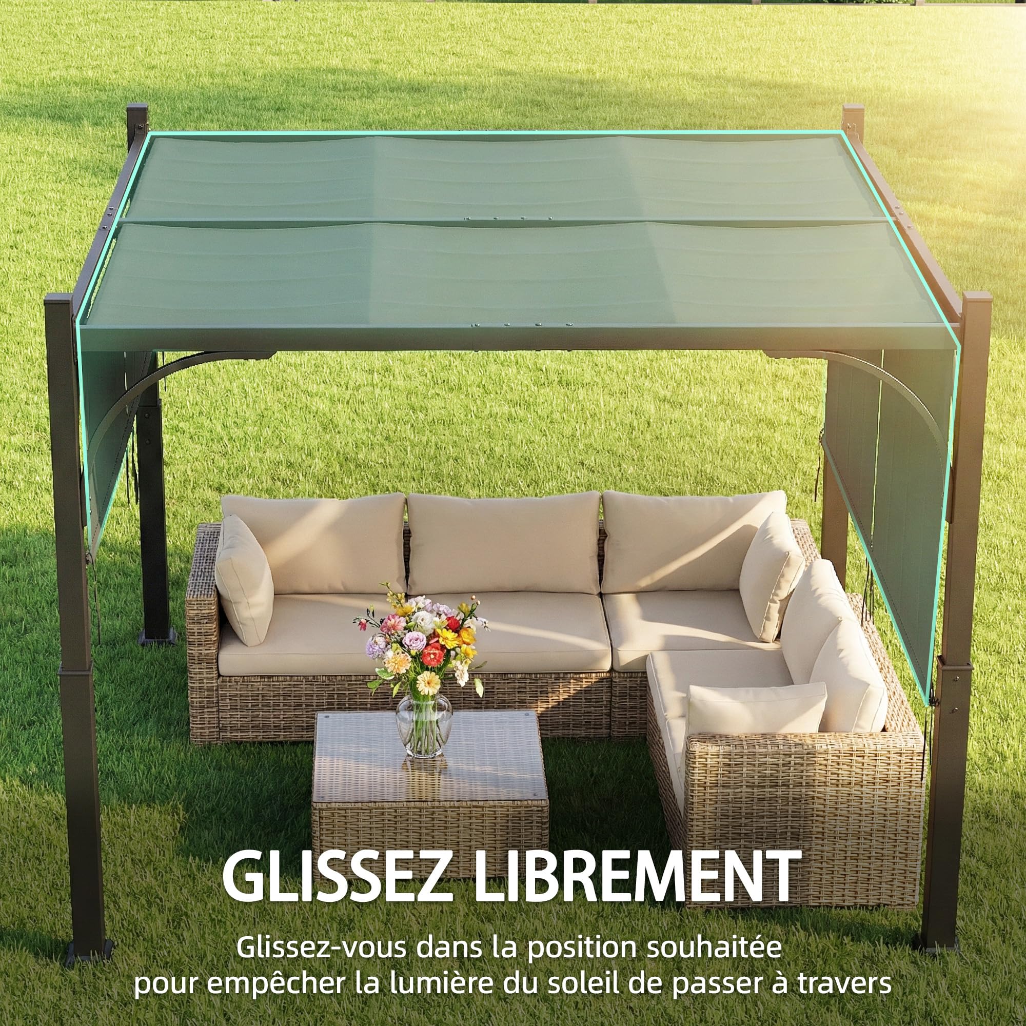 Outsunny - Pergola de jardín, 3 x 3 m, cenador de jardín, con toldo deslizante, estructura metálica, cobertizo solar exterior para terraza o balcón, color gris oscuro