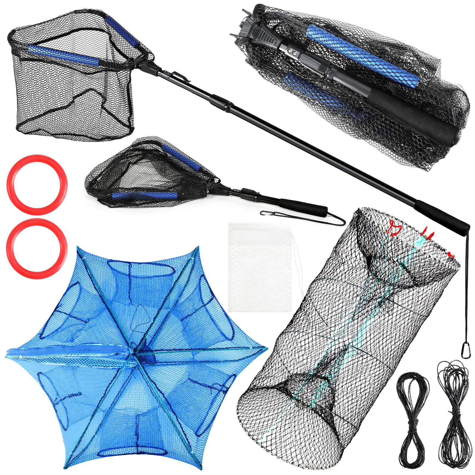 3 Pcs Folded Fishing Bait Traps Includes Fish Landing Net with Telescoping Pole Handle Cylindrical Hexagon Fish Traps Bait Bag Rope Fishing Accessories for Fish Crab Crawfish Shrimp Lobster